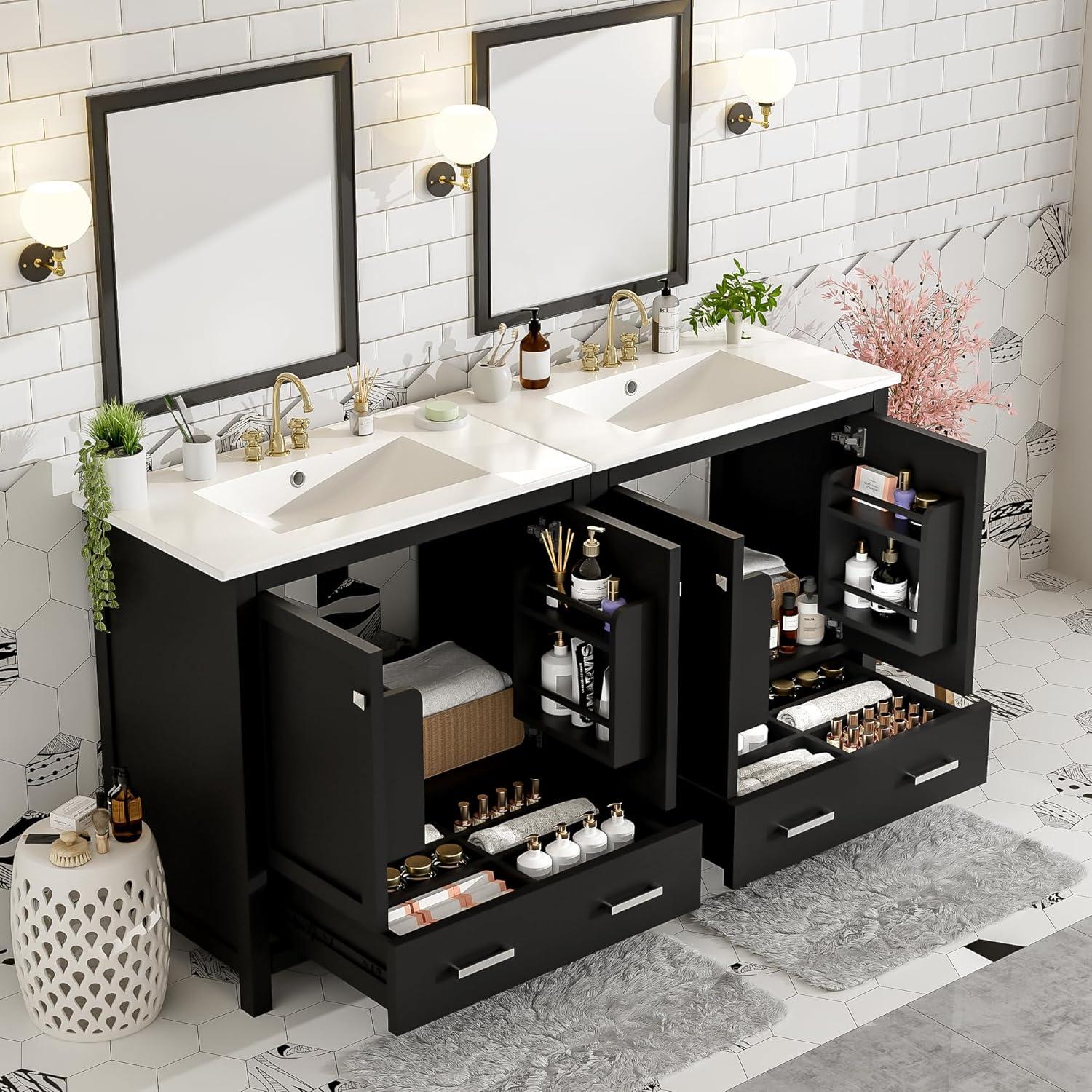 60" Bathroom Vanity Set,Double Vanities (Separate), Double Ceramic Sinks, Storage Shelf, and Divided Drawers (Mirror not Included)– Modern Bathroom Solution for Spacious Bathrooms,Grey