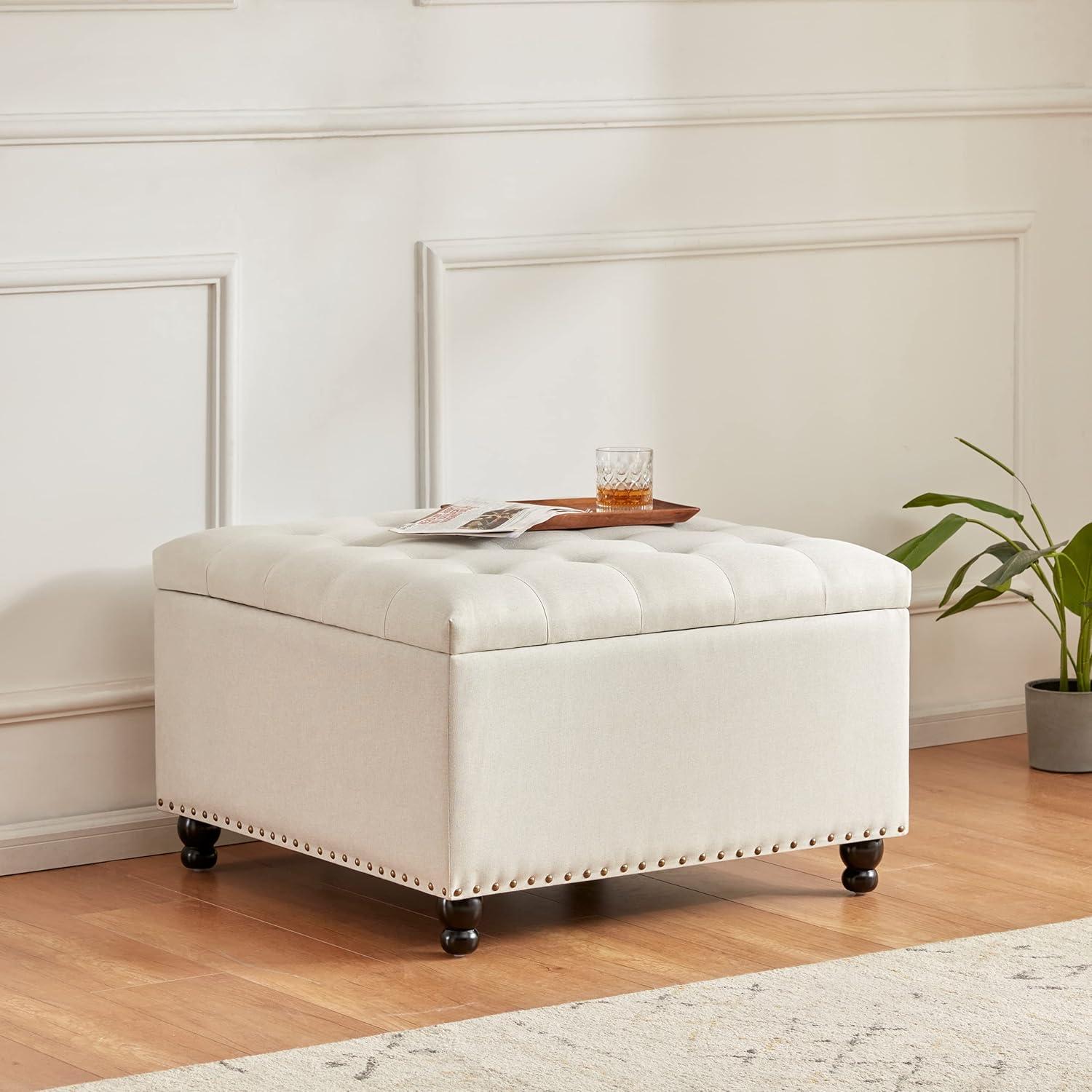 Beige Tufted Upholstered Square Ottoman with Storage