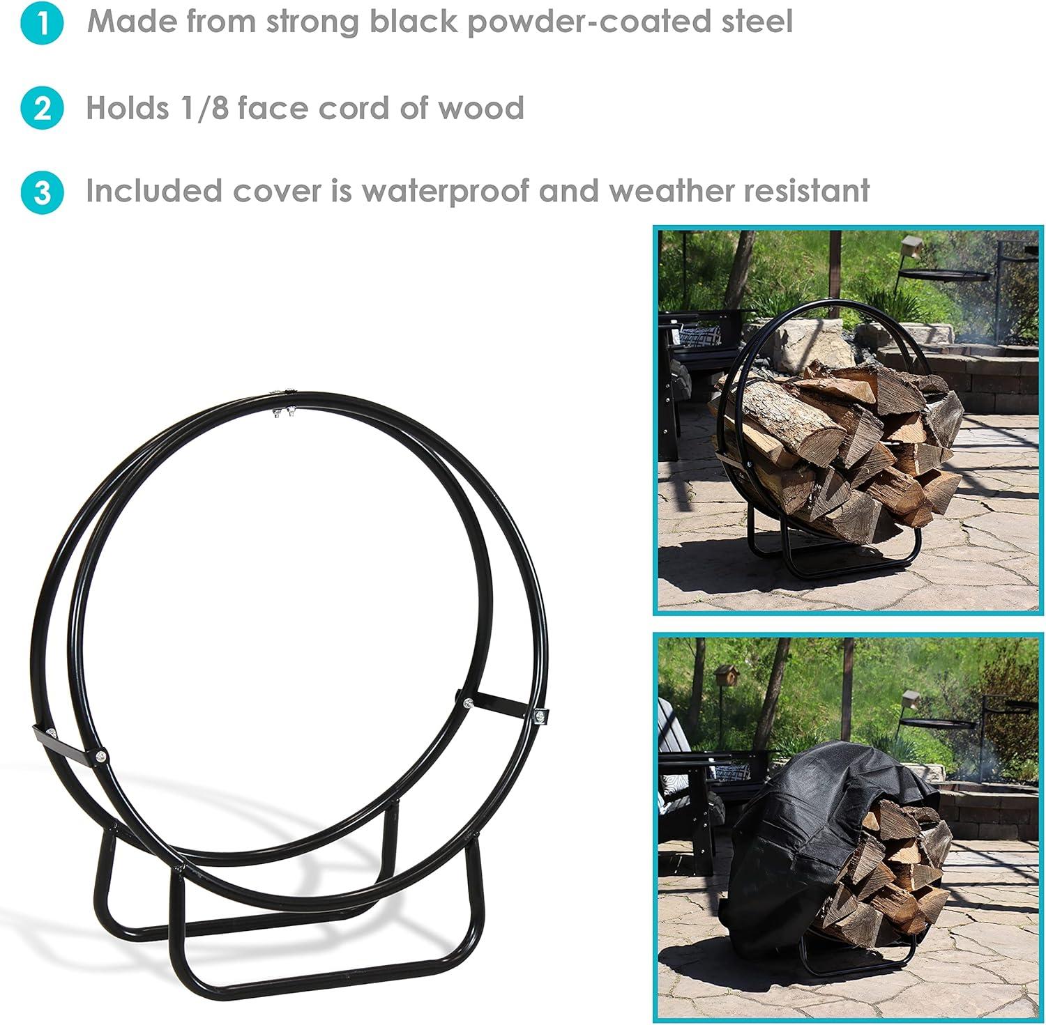 Sunnydaze Outdoor Heavy-Duty Steel Firewood Log Hoop Storage Rack with Weather-Resistant PVC Log Hoop Cover - 24" - Black