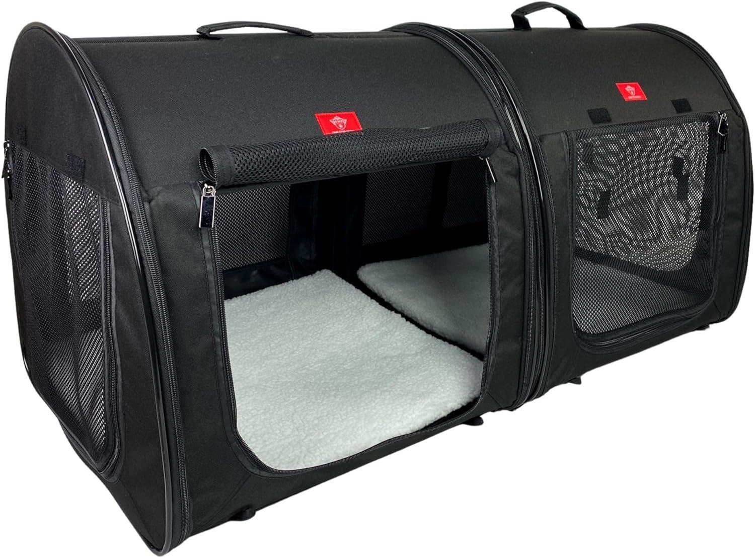Portable 2-in-1 Double Pet Kennel/Shelter, Fabric, Black/Royal Blue 20"x20"x39" - Car Seat-Belt Fixture Included (Black)