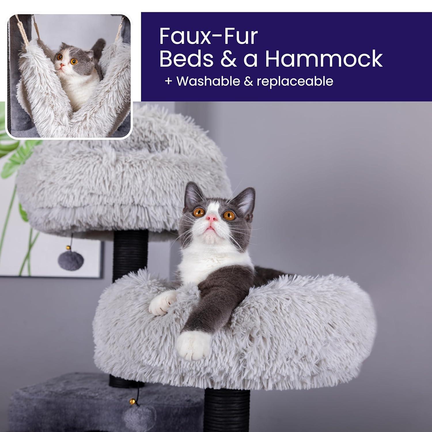 Catry Bradbury 7-Level 62.5” Modern Cat Tree with Replaceable Scratching Posts,Big Condo,Two Washable Beds, Two Hammocks,Quick Assembly, for Multi-Cat Homes(Cloud Gray)
