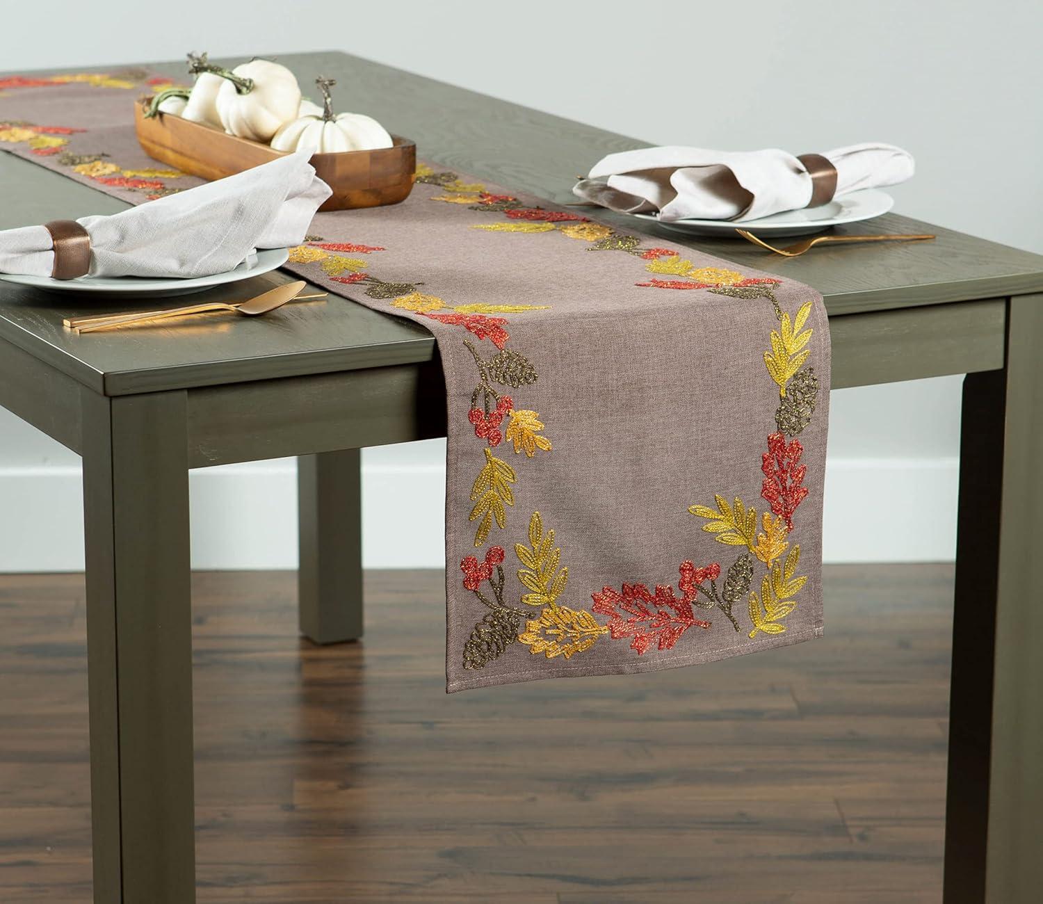 Shimmering Leaves Embroidered Table Runner 14x108"