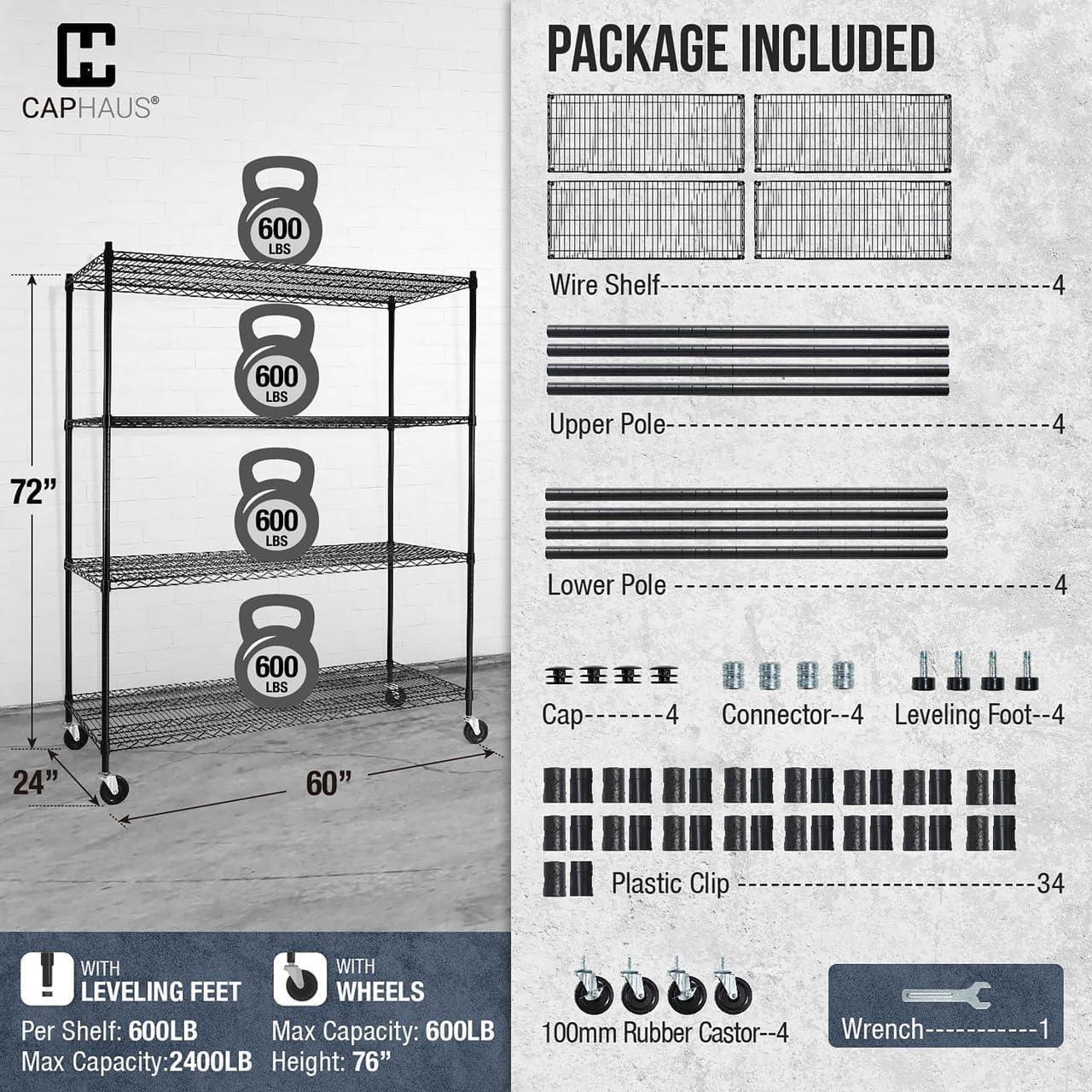 CAPHAUS 4-Tier Commercial Grade Heavy Duty Adjustable Height Wire Shelving w/ Wheels & Leveling Feet, Storage Metal Steel Shelf, Garage Shelving Storage, Utility Wire Rack Storage Shelving Unit