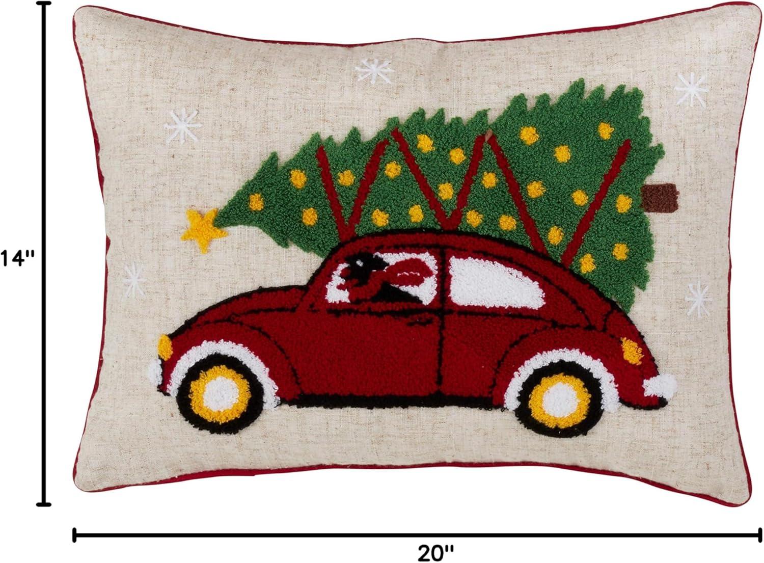 Saro Lifestyle Red Car And Christmas Tree Design Poly Blend Pillow With Down Filling, 14"x20", Multicolored