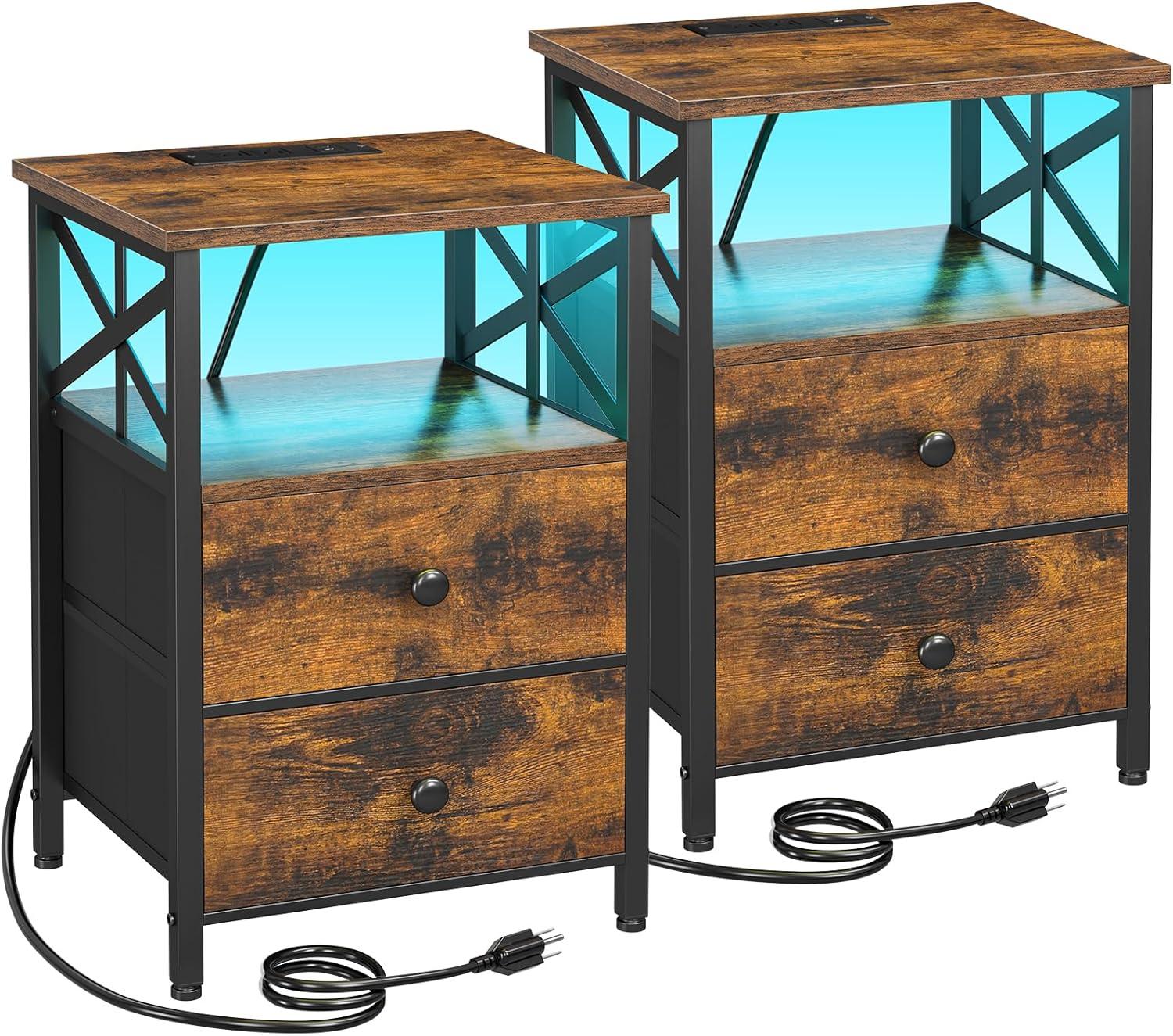 Rustic Brown LED Nightstand Set with Charging Station and Fabric Drawers