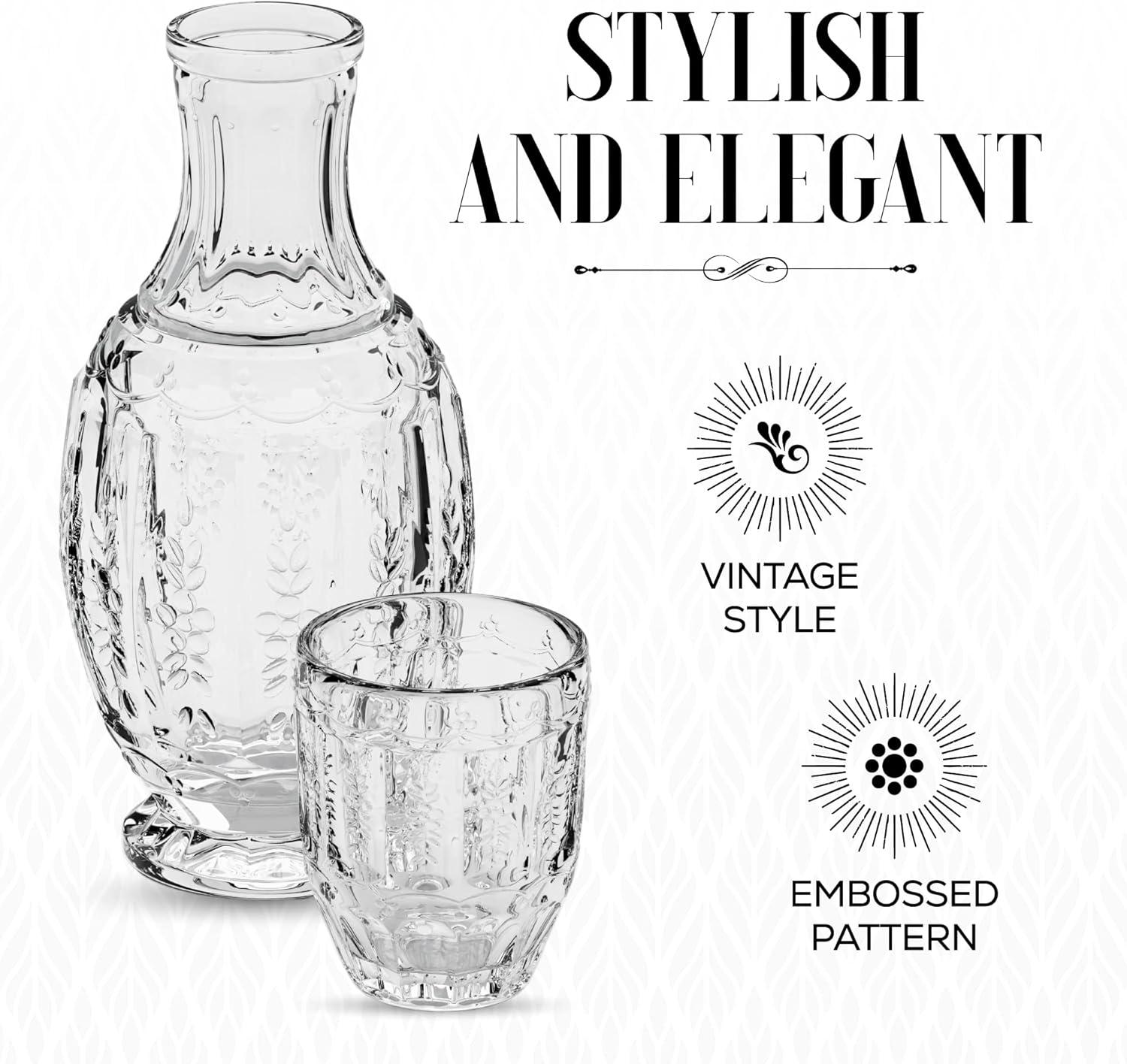 Elle Décor Vintage Night Bedside 33 oz. Water Carafe With Tumbler, 2-Piece Set,Clear