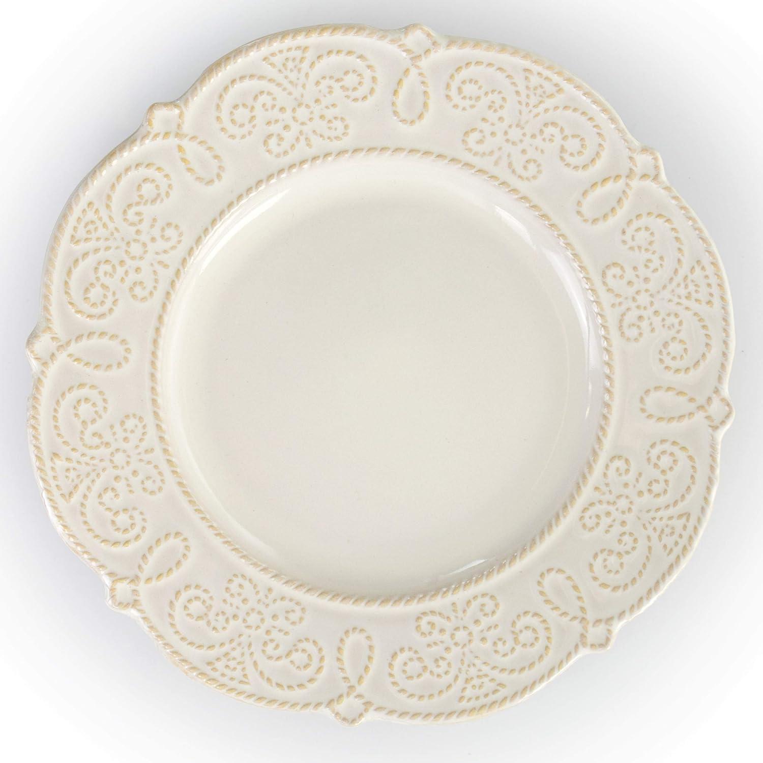 16 Piece Embossed Scalloped Stoneware Dinnerware Set in White Textured Casual Round Dishwasher Safe