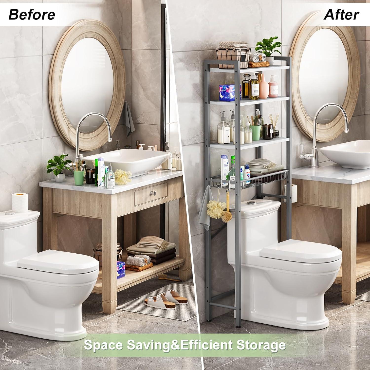 4-Tier Bathroom Organizer Shelf Over Toilet with Adjustable Shelf and Basket