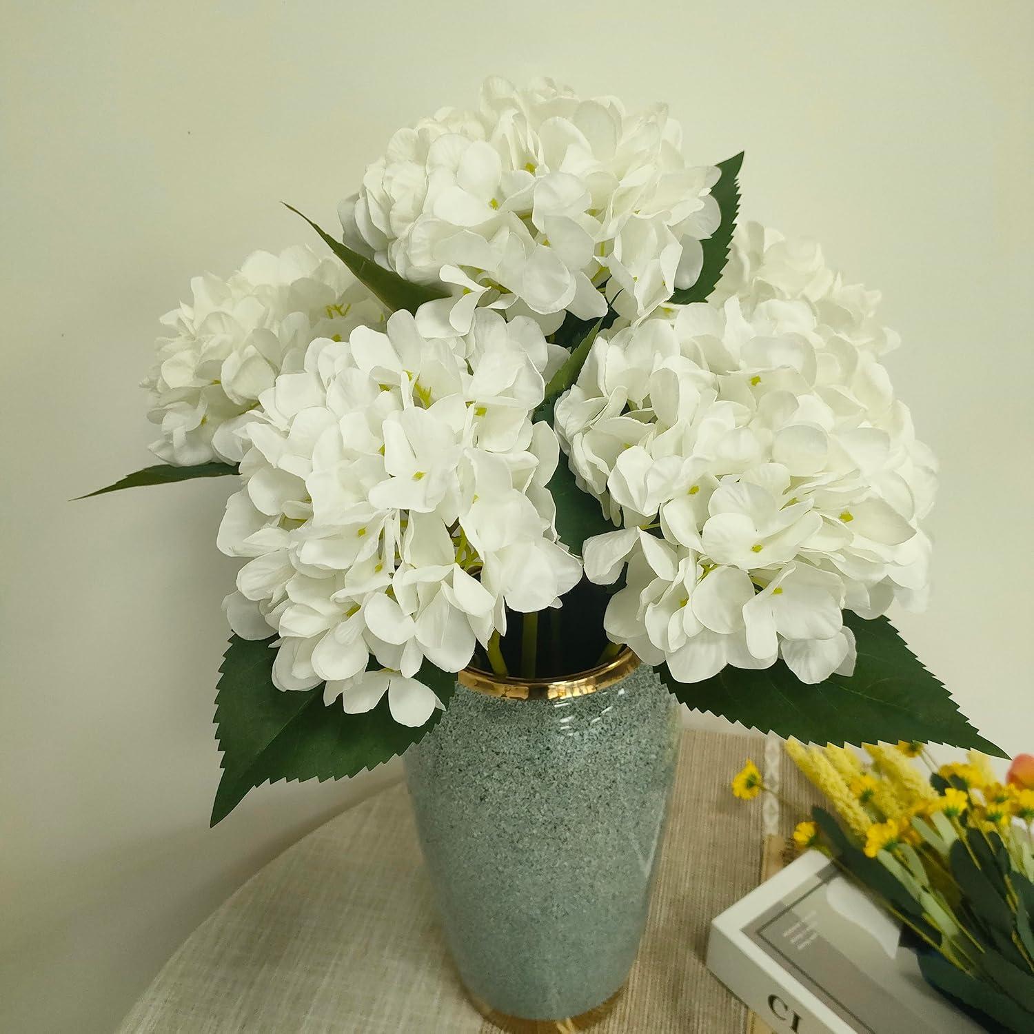 Tkrady 6pcs White Flowers Artificial Silk Hydrangea Flowers Bouquets Hydrangea Stems for Home Table Centerpieces Wedding Party Decoration (White)