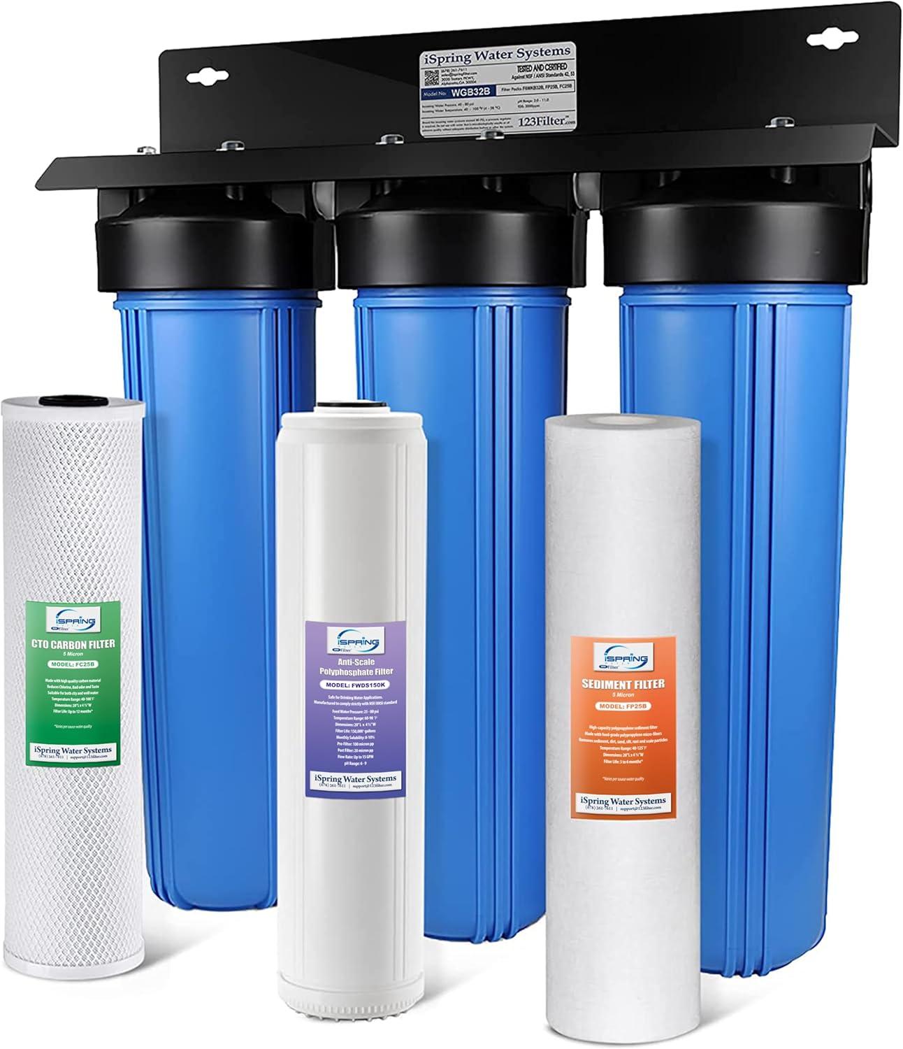iSpring WGB32B-DS Whole House Water Filter System w/ Sediment, Polyphosphate Anti-Scale, and Carbon Block Water Filters, 3-Stage Water Descaler and Water Filter