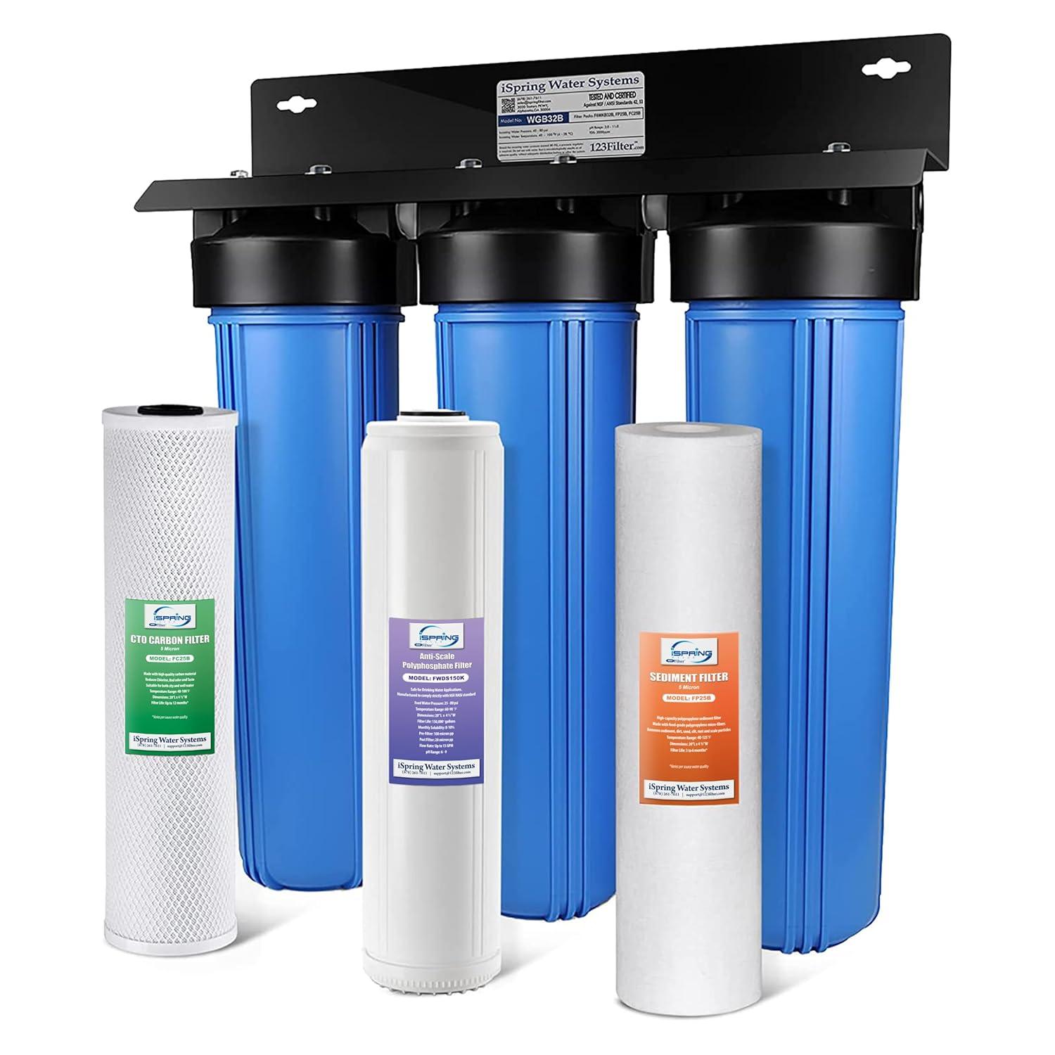 iSpring WGB32B-DS Whole House Water Filter System w/ Sediment, Polyphosphate Anti-Scale, and Carbon Block Water Filters, 3-Stage Water Descaler and Water Filter
