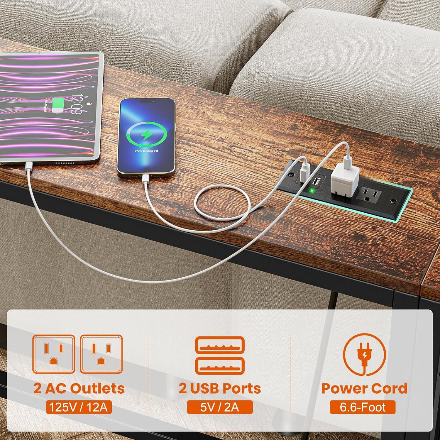 Rustic Brown Narrow Sofa Table with Power Outlets & USB Ports