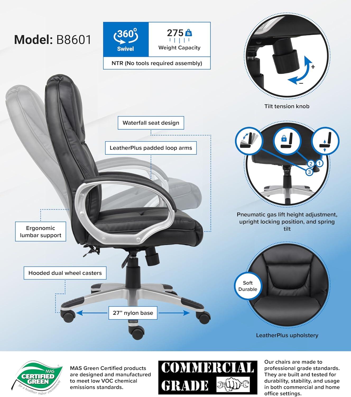 Executive Leatherplus Chair Black - Boss Office Products: High Back, Waterfall Seat, No Tool Assembly