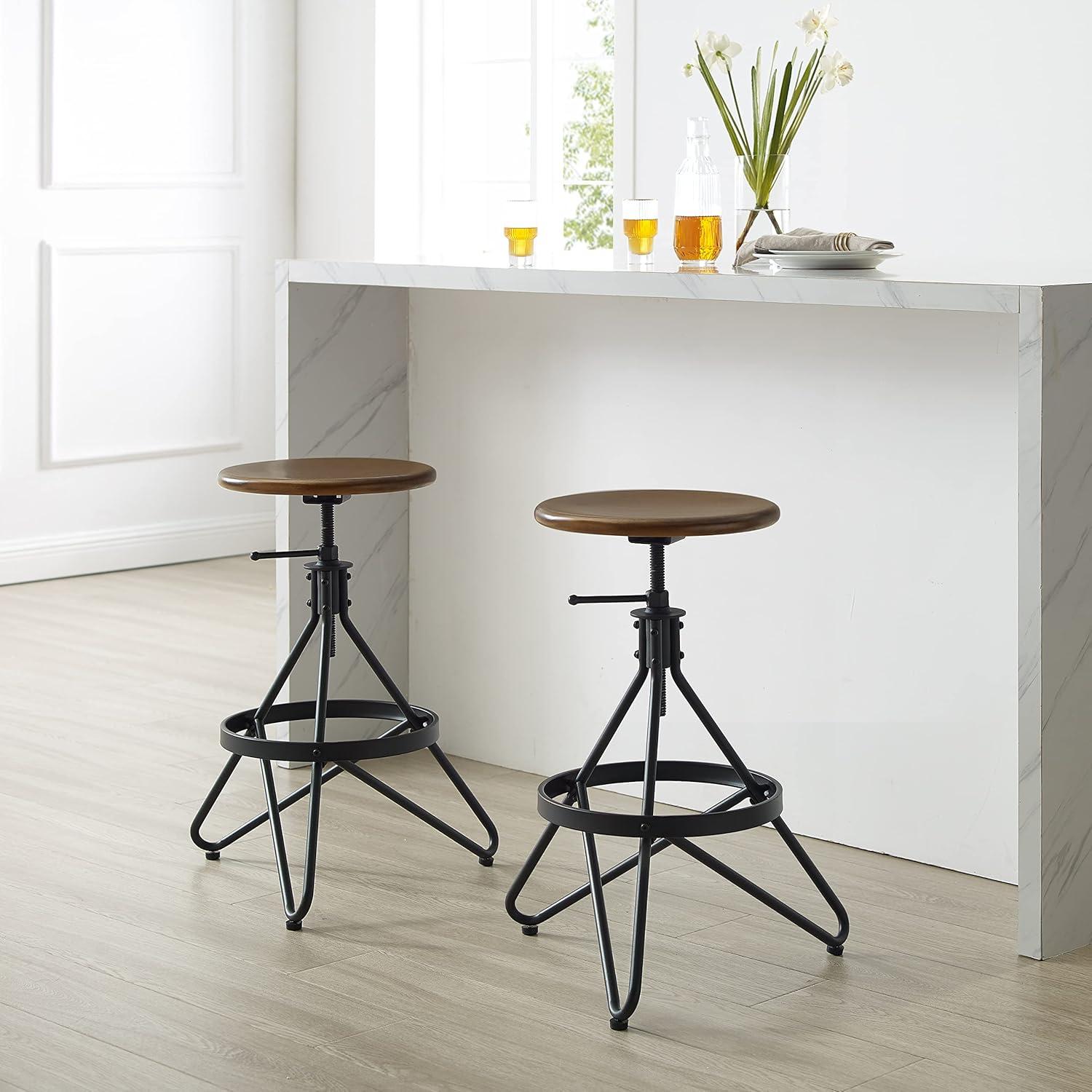 Crosley Set of 2 Kalen Adjustable Height Swivel Barstools Brown/Matte Black : Steel Frame, Industrial Farmhouse Style