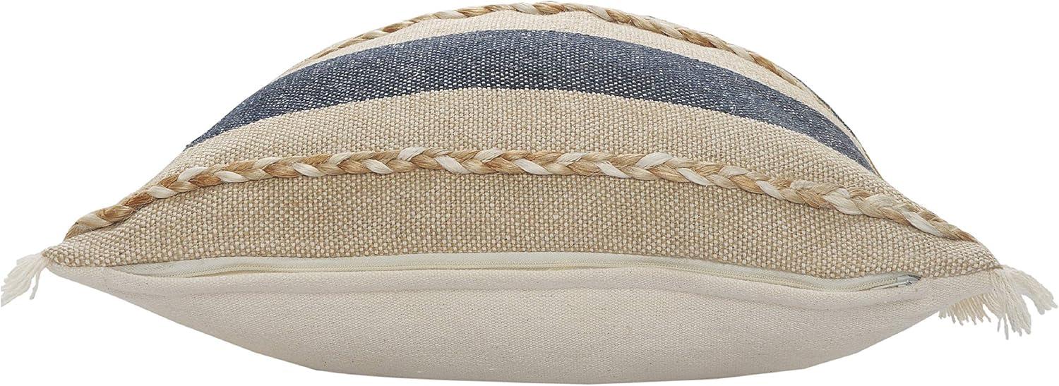 Ox Bay Atlantis Coastal Striped Jute Braiding Fringed Throw Pillow, Blue/Tan/Taupe, 20" Square