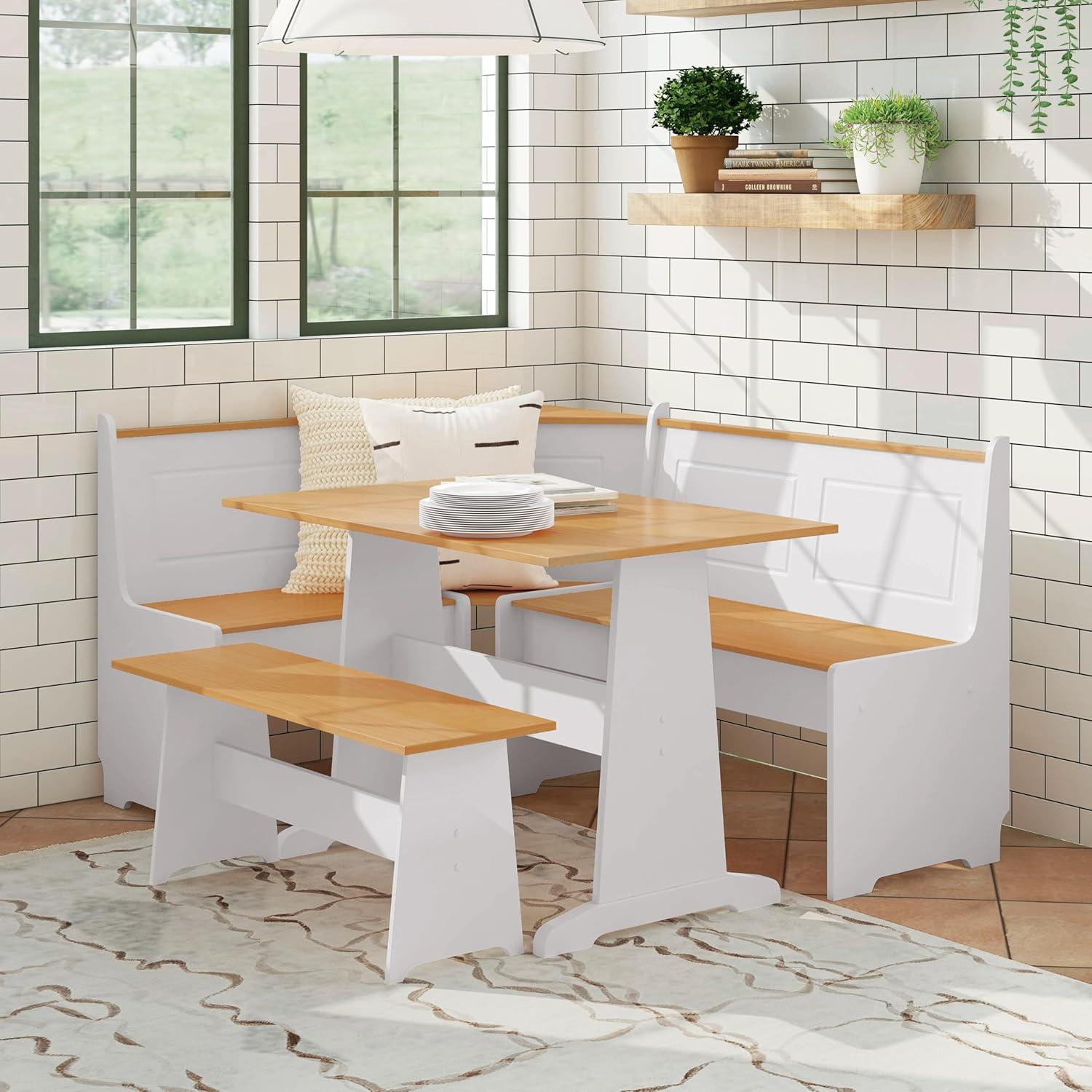 5pc Ardmore Breakfast Storage Corner Nook Dining Set Wood/White/Natural - Linon: Chic Farmhouse Style, Seats 6