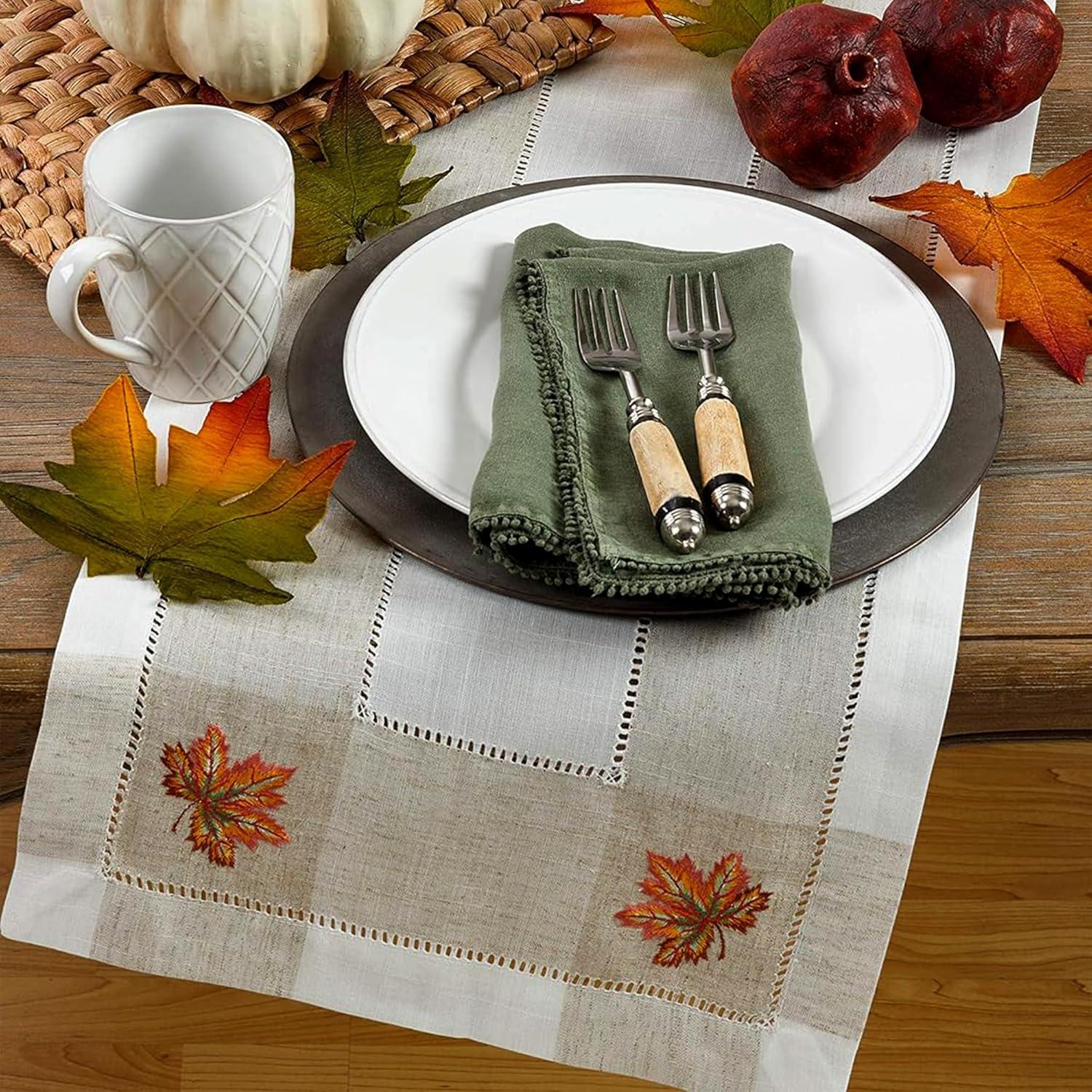 Saro Lifestyle Embroidered Table Runner With Leaf Hemstitch Design, 15"x70", Off-White