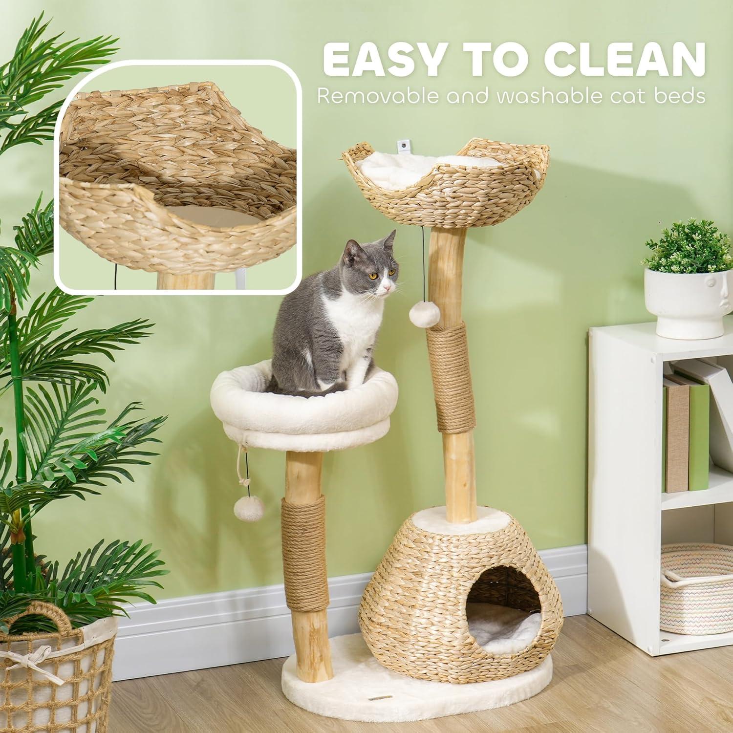 PawHut Cat Tree for Indoor Cats, 41" Cat Tower with Wooden Cat Scratching Posts, Cat Condo, Cat Beds & Toy Balls, Cream White