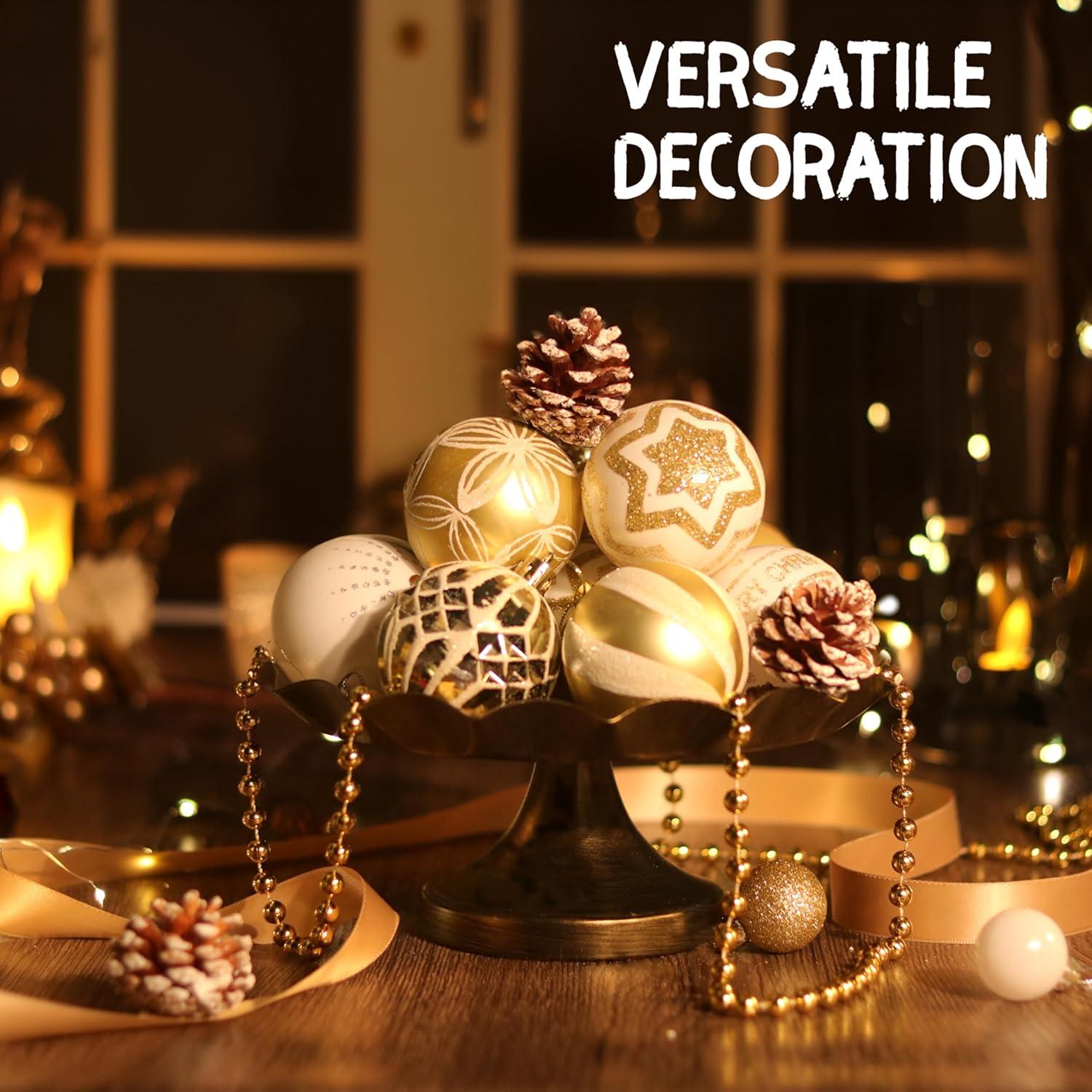 YX 30PC Christmas Tree Decorations, Christmas Balls Ornaments, Festive Wedding Hanging Ornaments Christmas Tree Decoration,Gold&White Painted Shatterproof