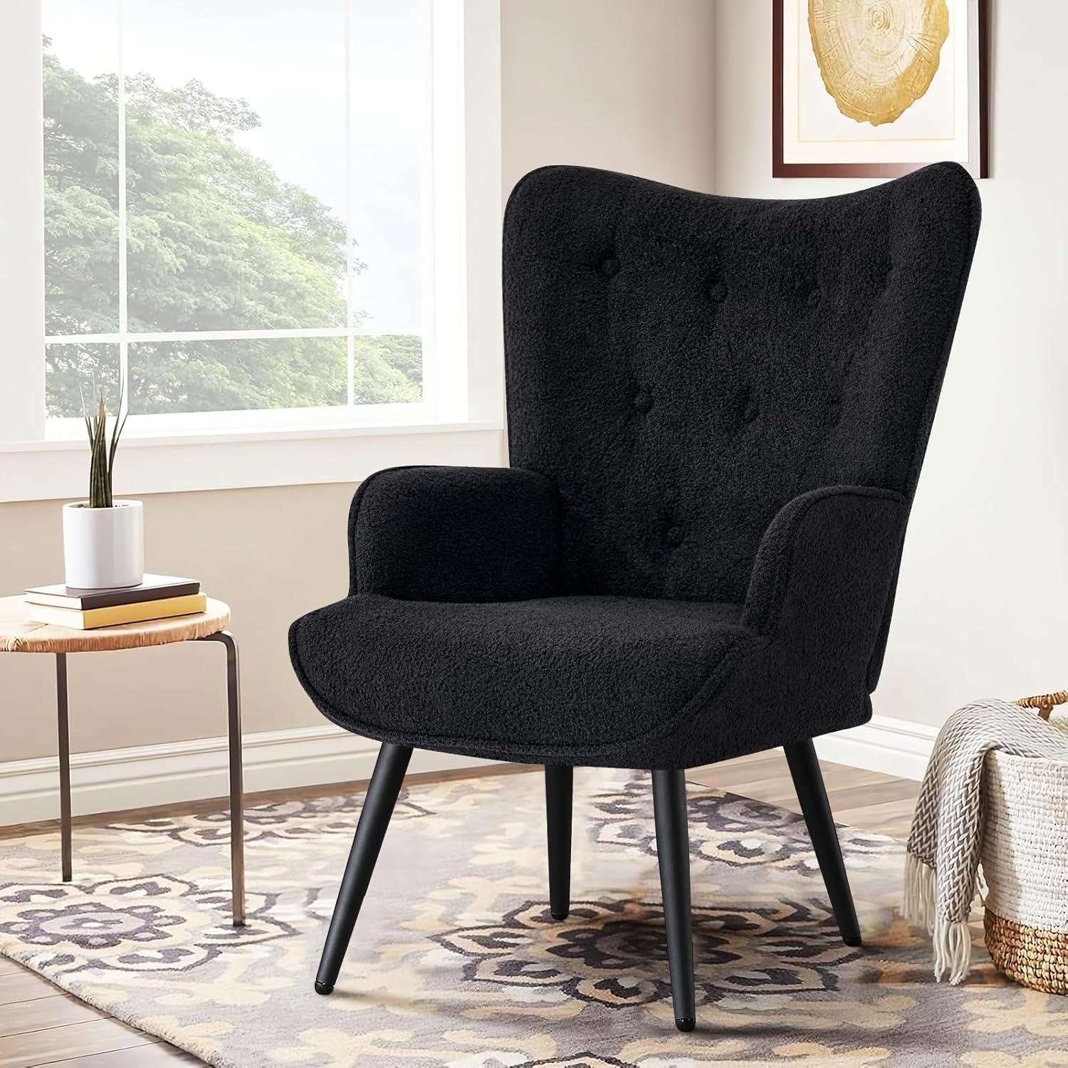 Furniliving Tufted Button Wingback Chair Upholstered Sherpa Accent Chair Leisure Club Chair, Black