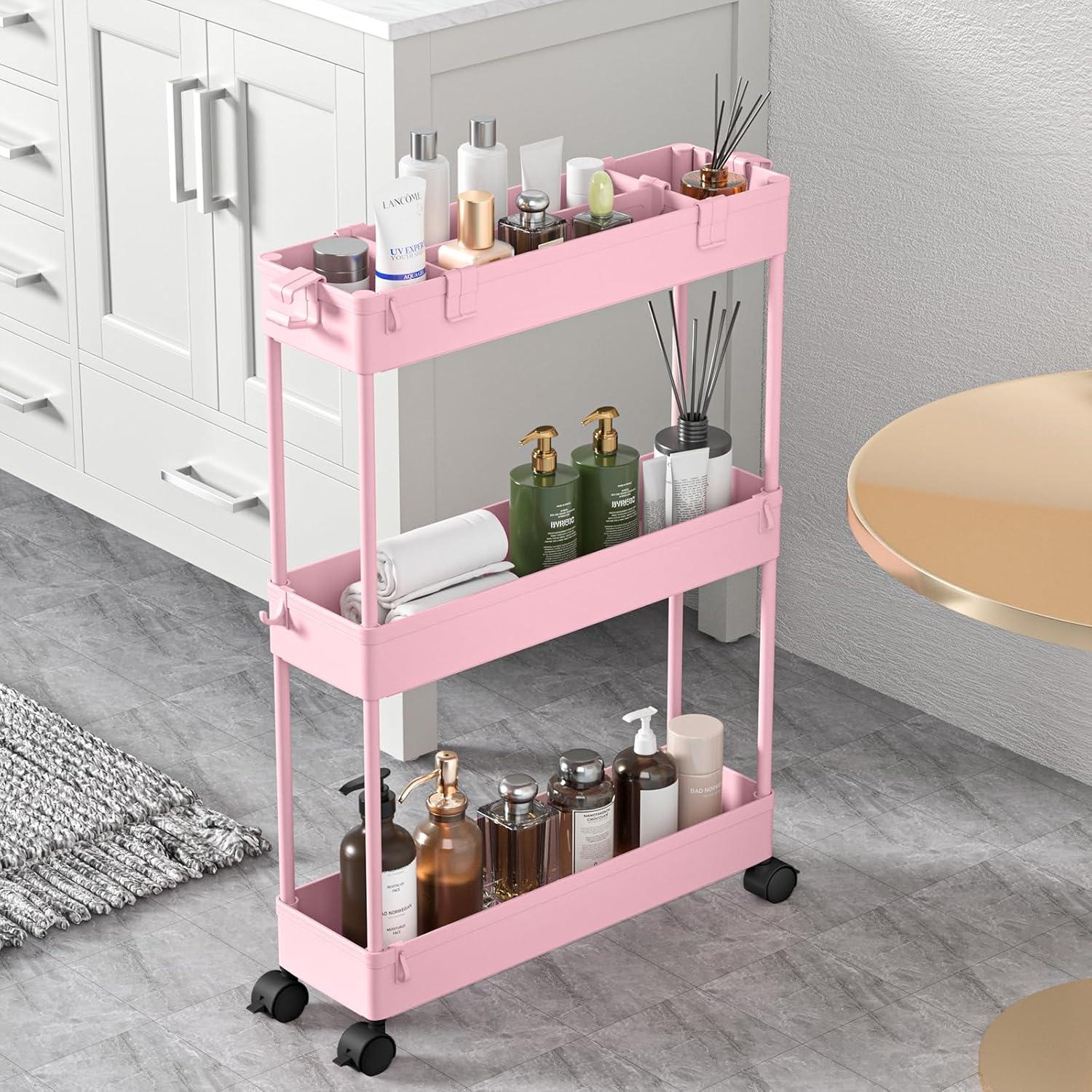 Slim Storage Cart,3 Tier Bathroom Rolling Utility Cart Storage Organizer Slide Out Cart, Mobile Shelving Unit Organizer Trolley for Office Bathroom Kitchen Laundry Room Narrow Places, Pink