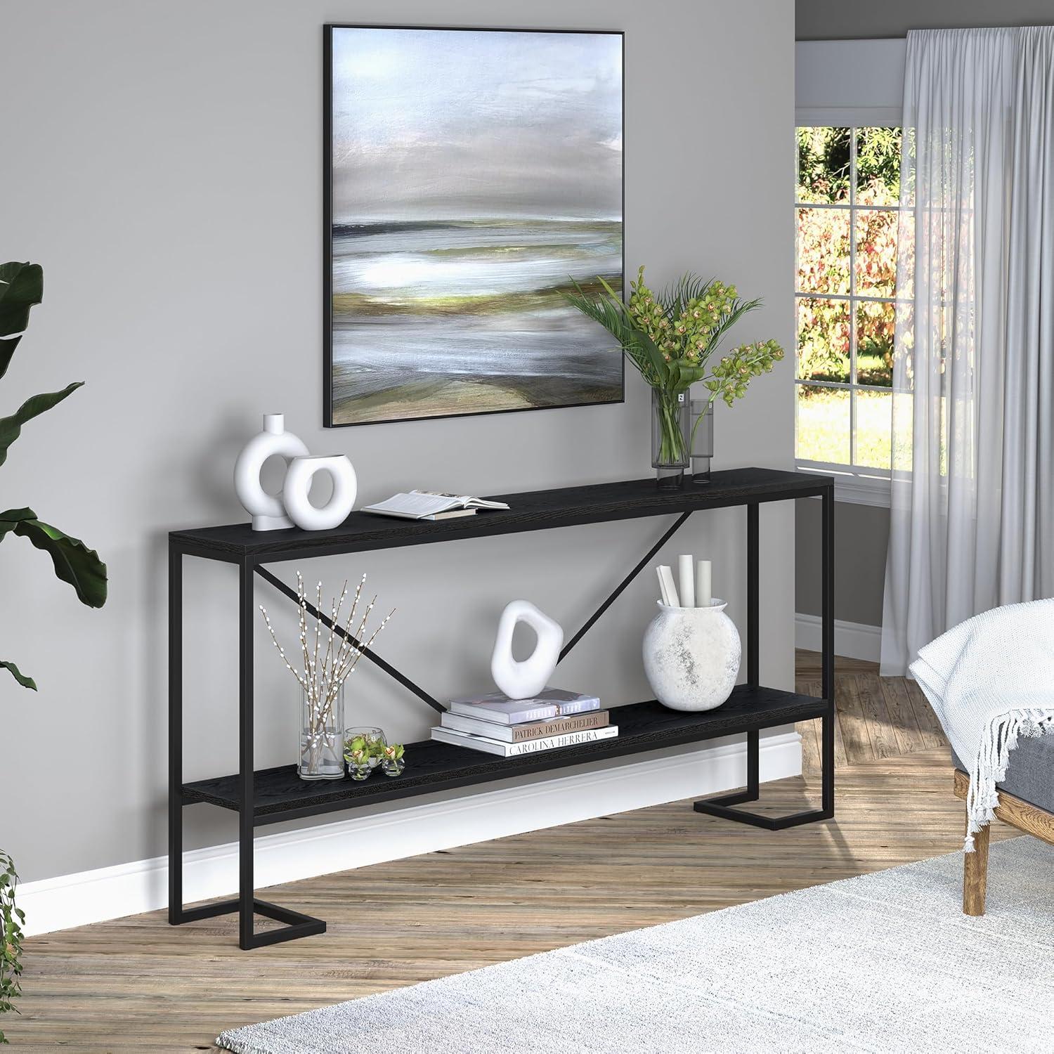 Evelyn&Zoe Phoebe 64" Wide Rectangular Console Table, Blackened Bronze/Black Grain