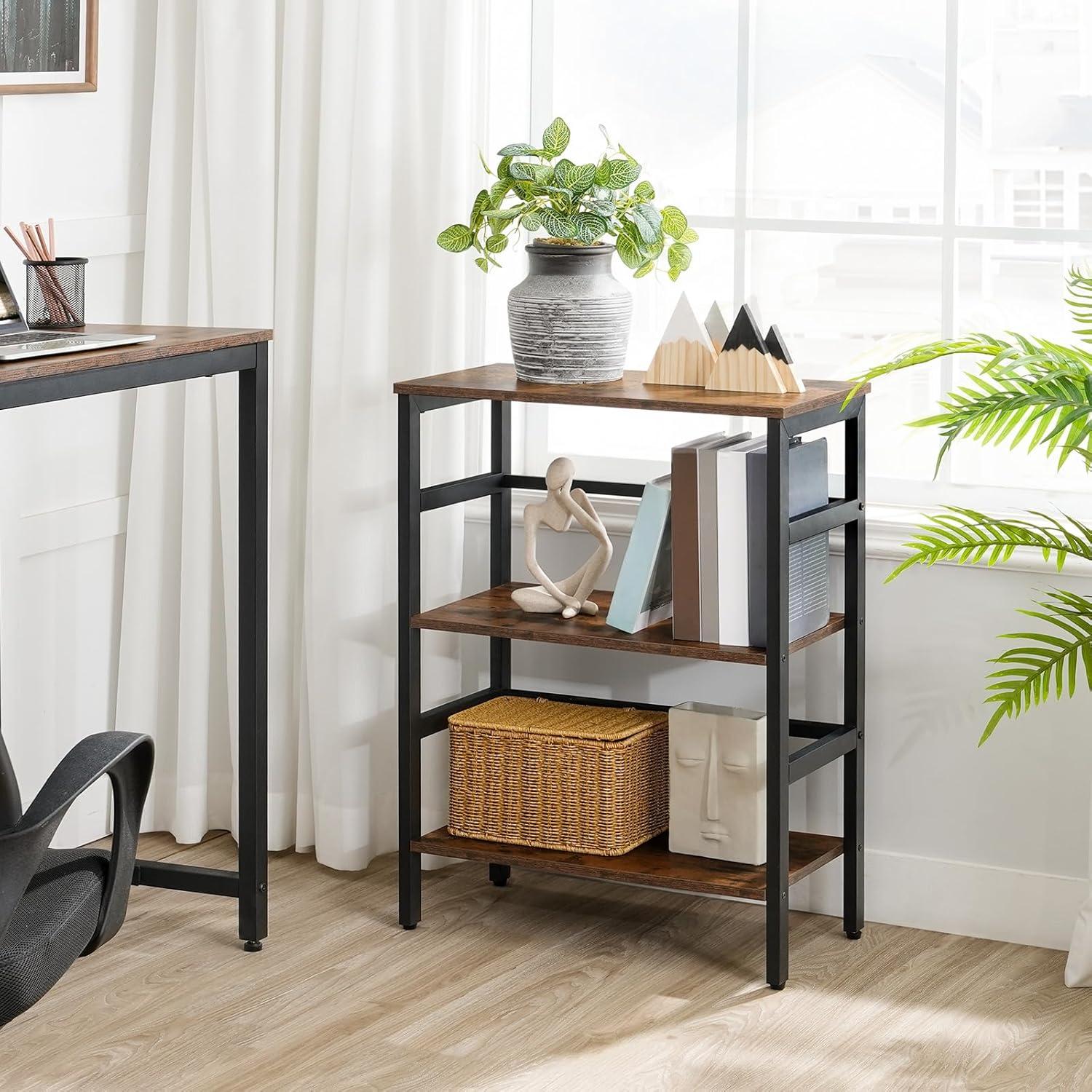 Rustic Brown and Black 3-Tier Adjustable Ladder Bookshelf