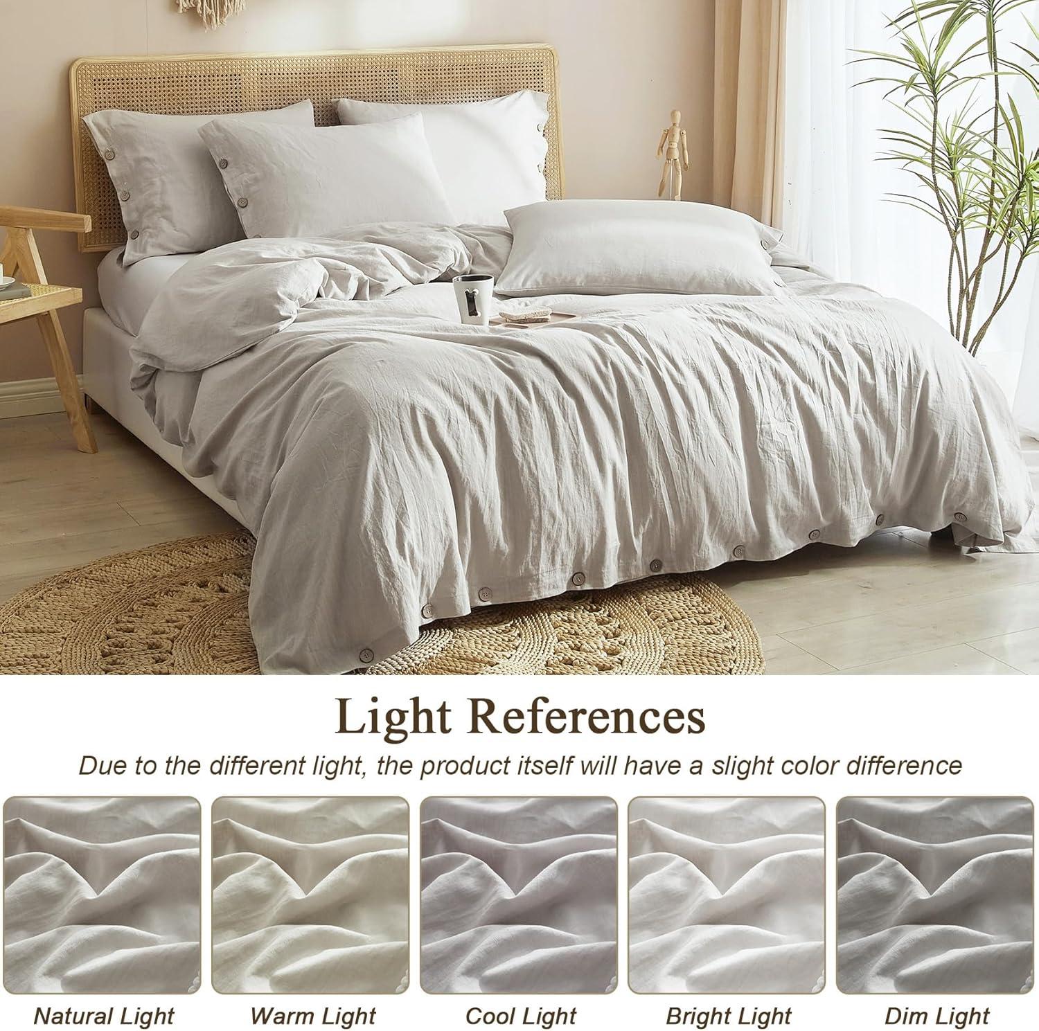Ivellow Linen Cotton Blend Duvet Cover Set Queen - Jaquard Floral Textured Ultra Soft Breathable Grey Botanical Garden Flower Leaves Branch Bedding Set 3 Pcs