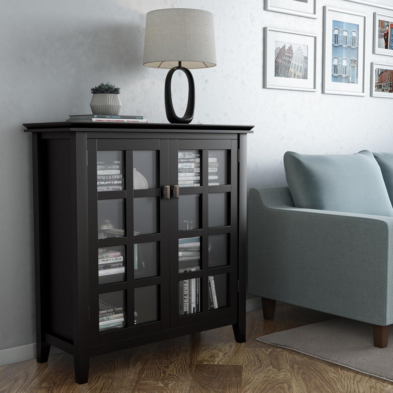 Simpli Home Artisan 38"W Solid Wood 4-Shelf Medium Storage Cabinet with Glass Doors and Adjustable Shelves