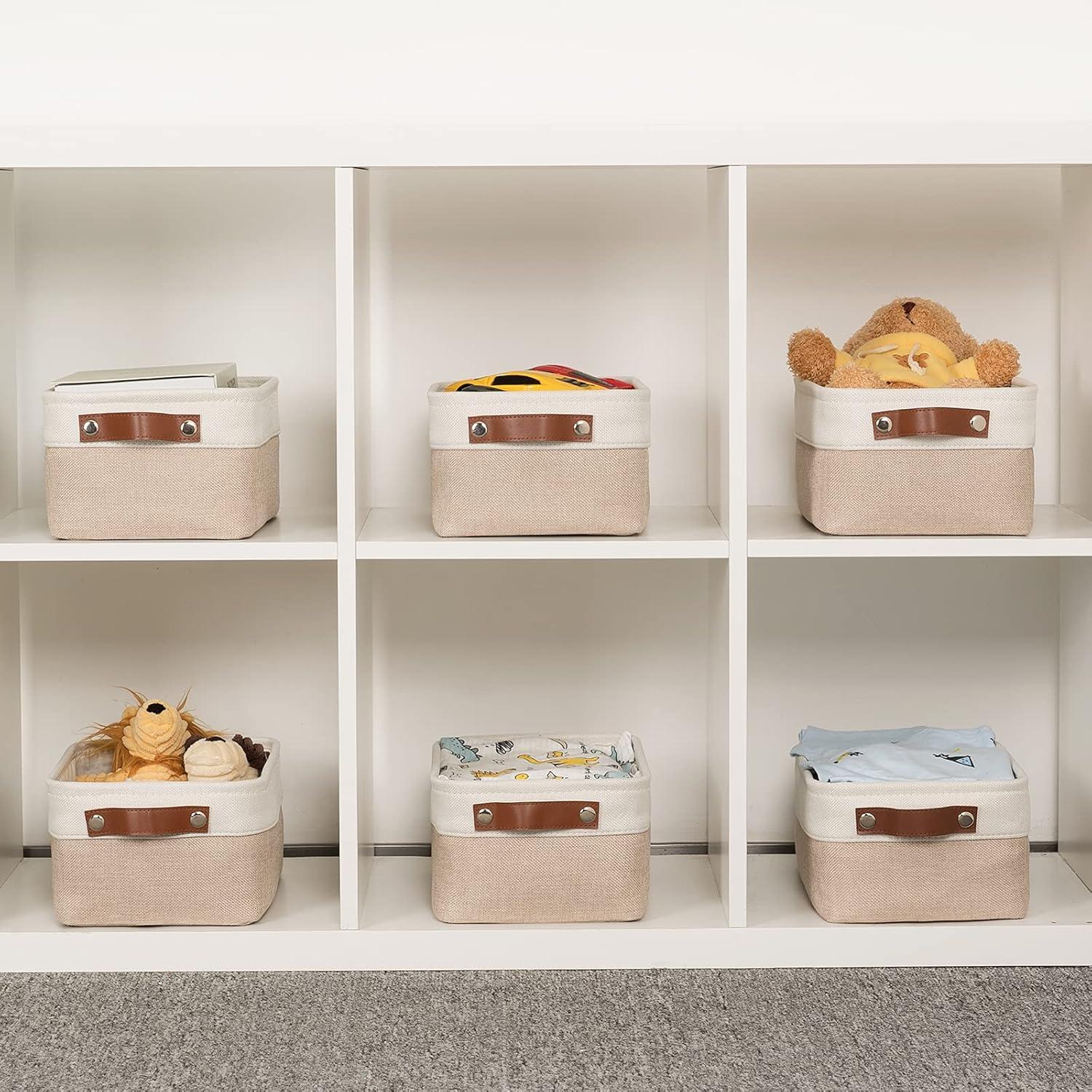 White Rectangular Fabric Storage Bins with Leather Handles, Set of 6