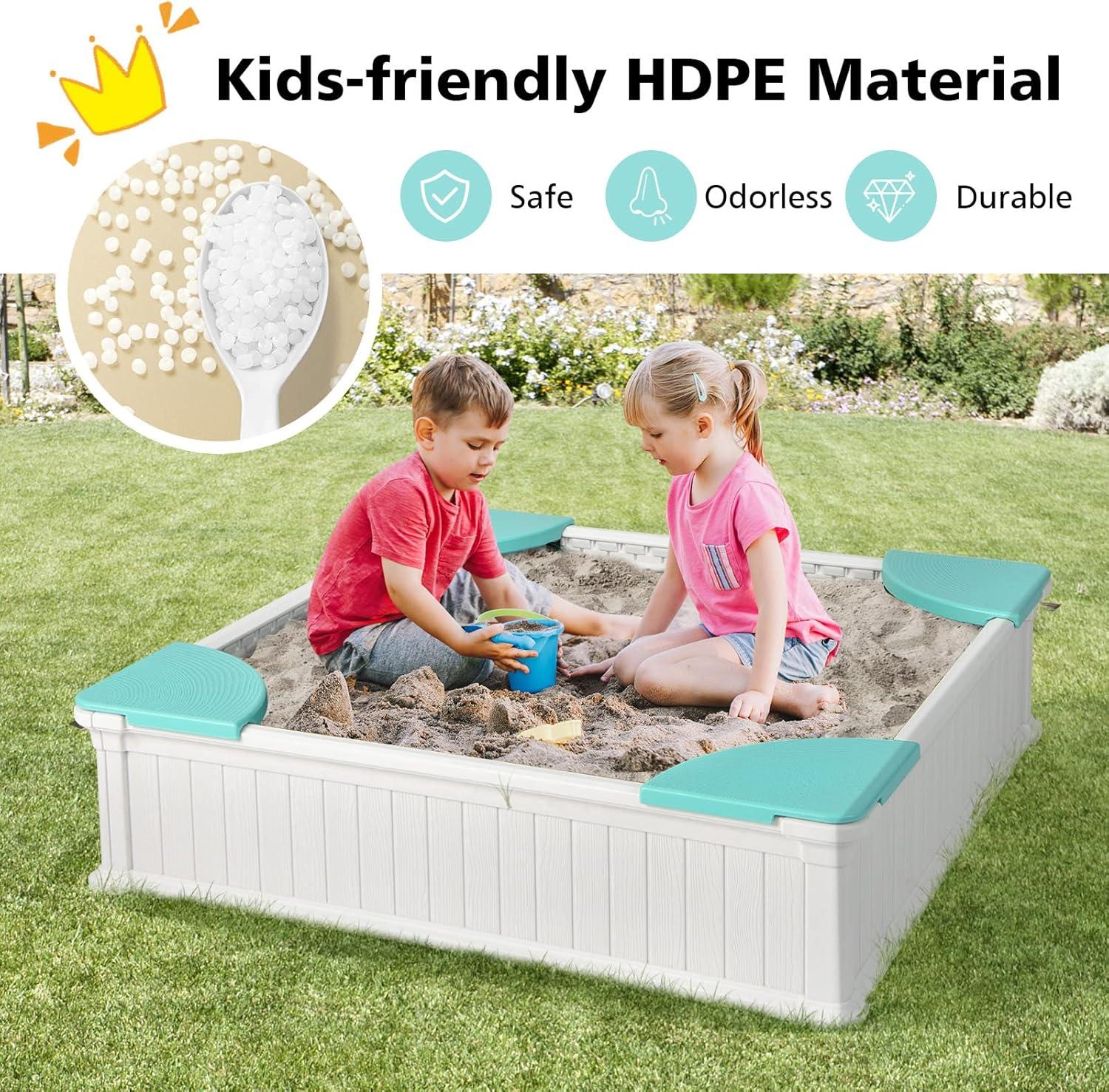 White Plastic Kids Outdoor Sandbox with Seats and Cover