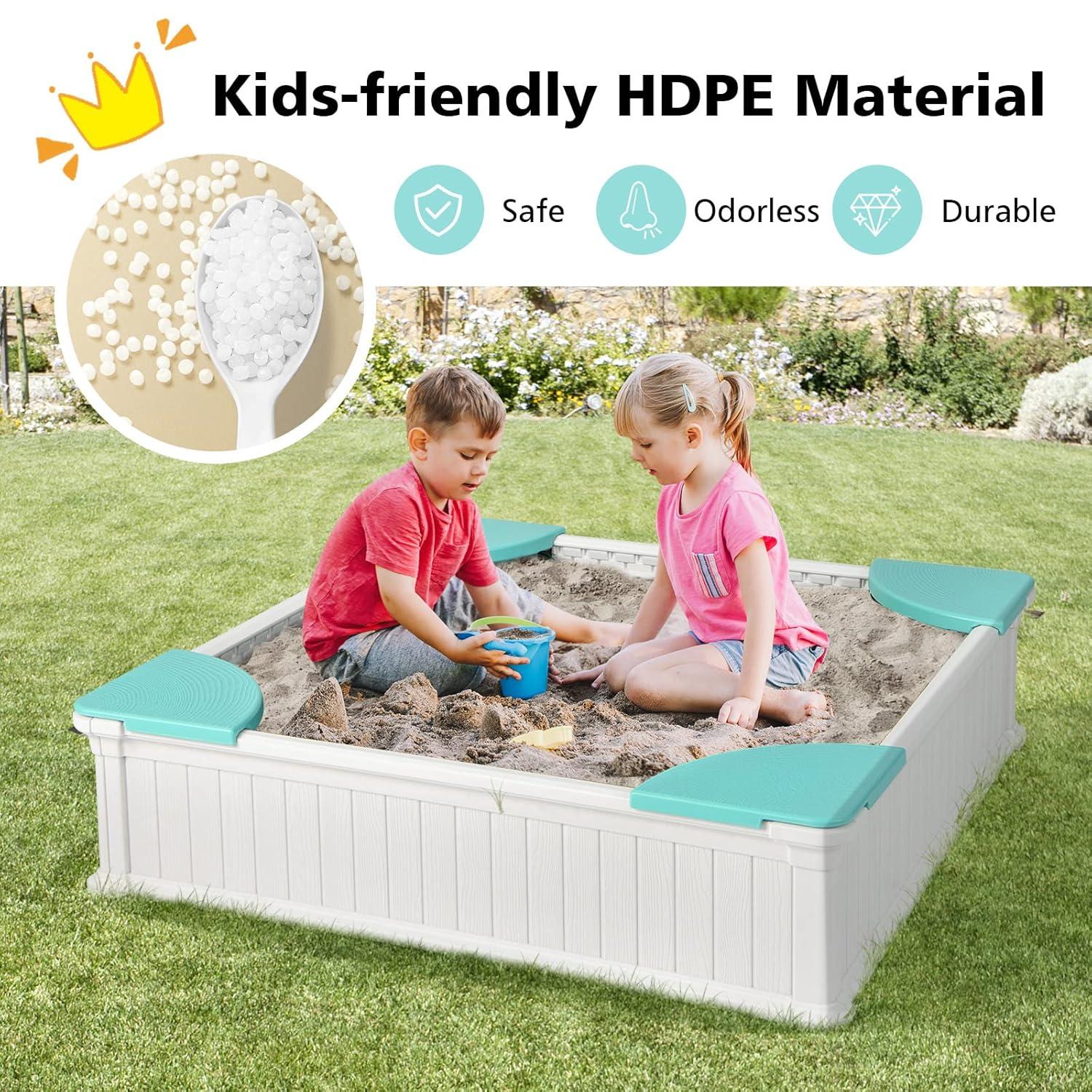 Spaco Kids Outdoor Sandbox with Oxford Cover and 4 Corner Seats, Backyard Sandbox, Kids Sand Activity Sensory Play Pit, Toddler Summer Outdoor Toys, 1+ Years Old
