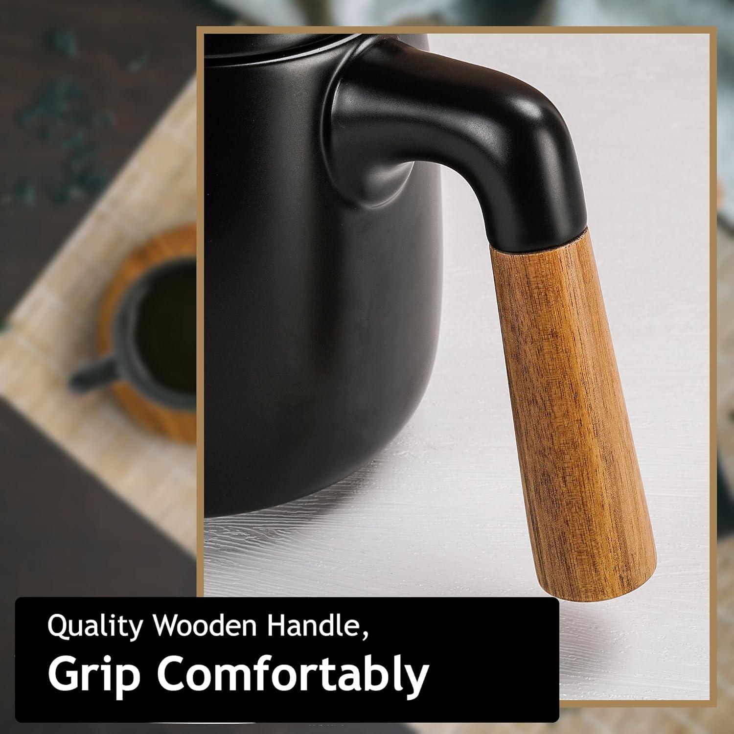 Black Ceramic Tea Pot Set with Bamboo Handle and Saucers