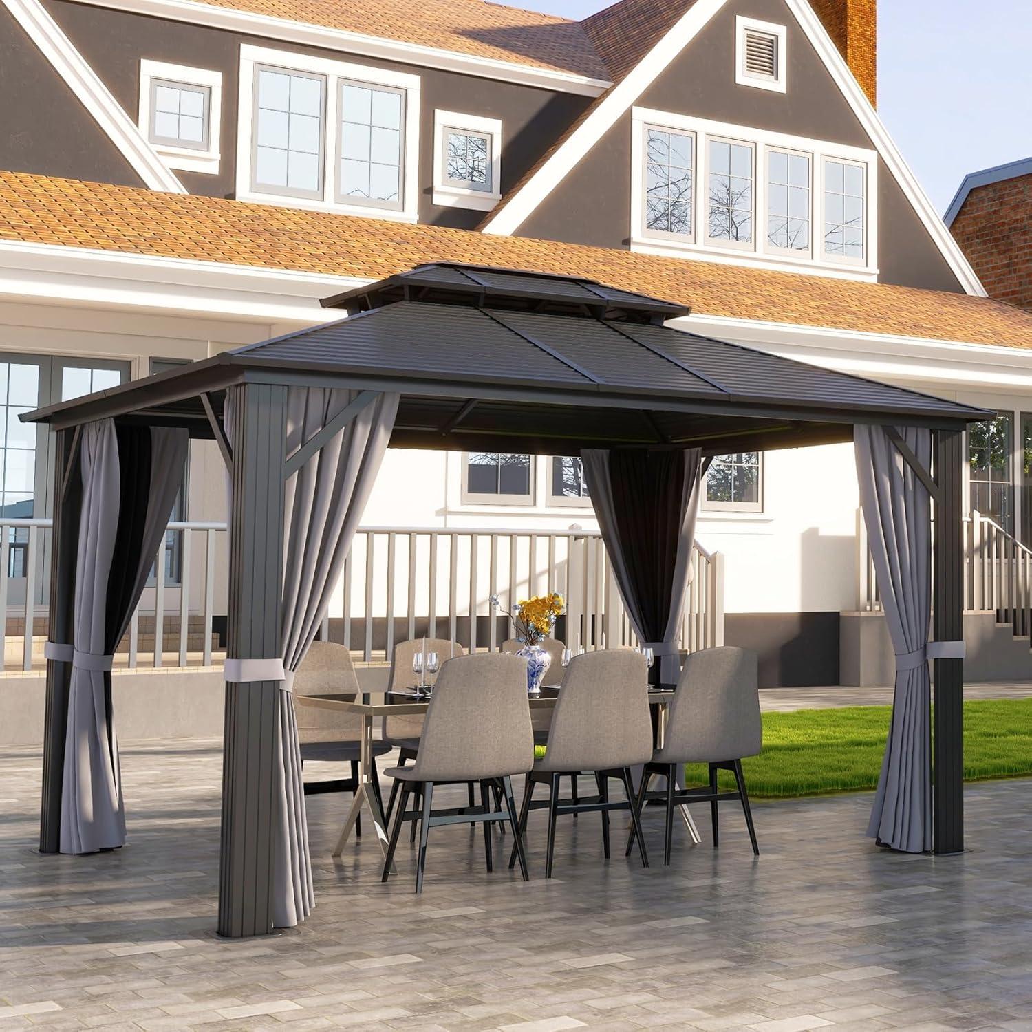 10'x12' Grey Aluminum and Steel Outdoor Gazebo with Curtains