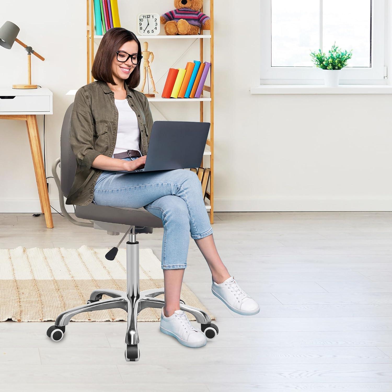 Gray Leather Ergonomic Swivel Drafting Chair with Dual Backrest