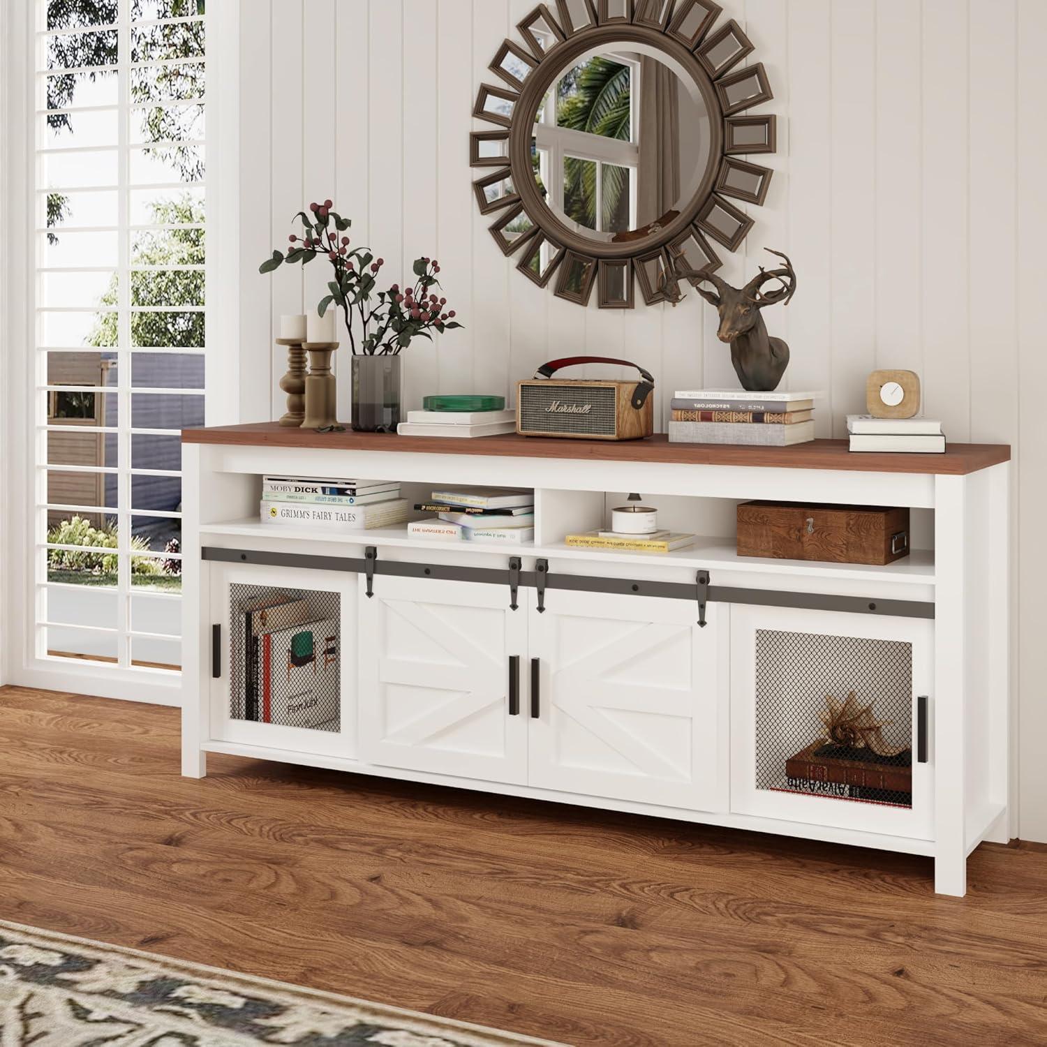 White and Brown Wood Farmhouse TV Stand with Sliding Barn Doors