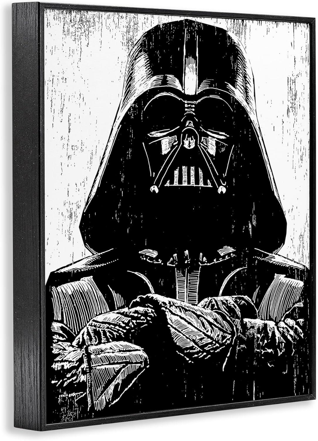 The Stupell Home Decor Collection Black and White Star Wars Darth Vader Distressed Wood Etching Oversized Framed Giclee Texturized Art, 16 x 1.5 x 20