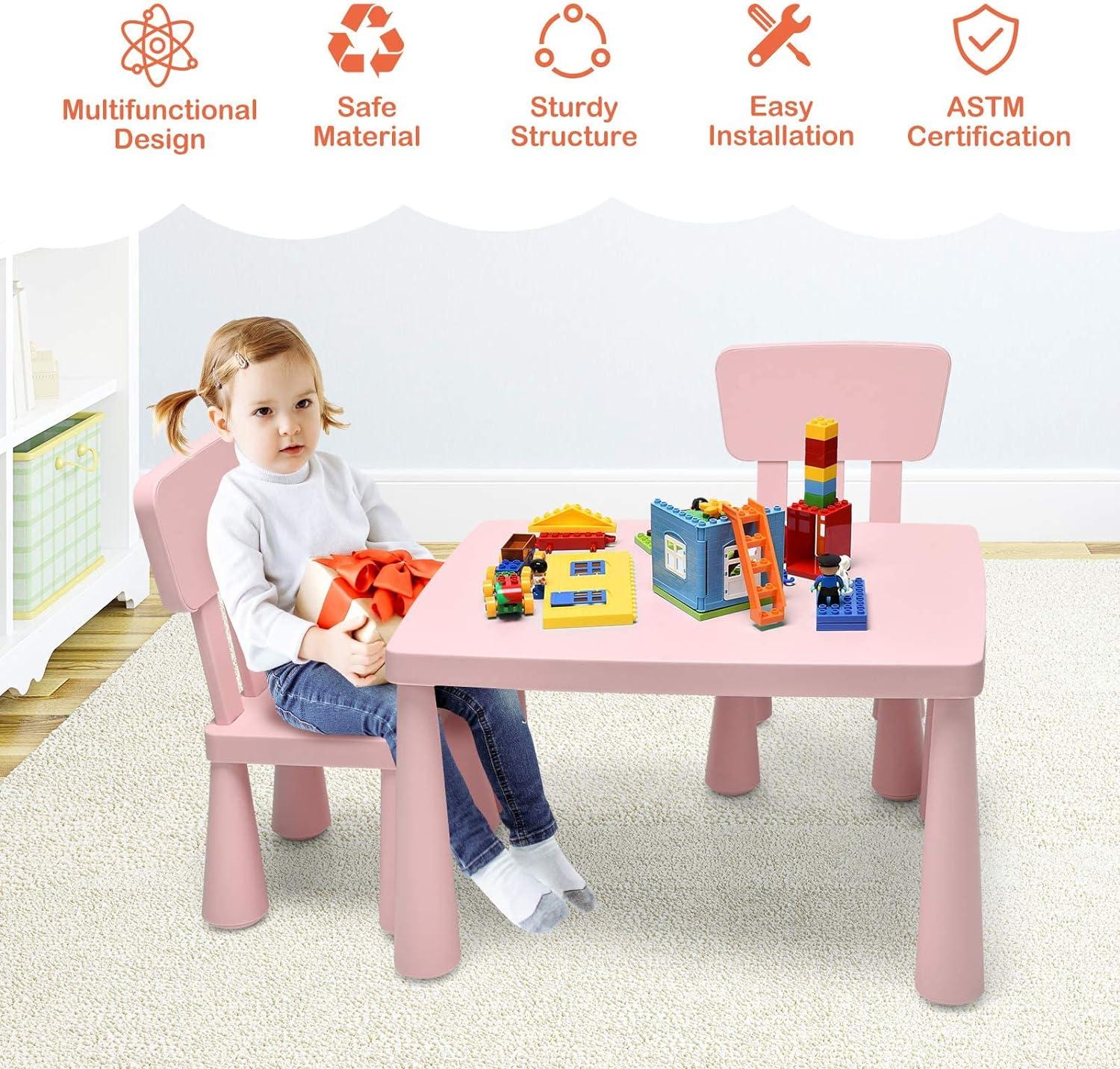 Kids Table and Chair Set 3-Piece Set Toddler Furniture Pink
