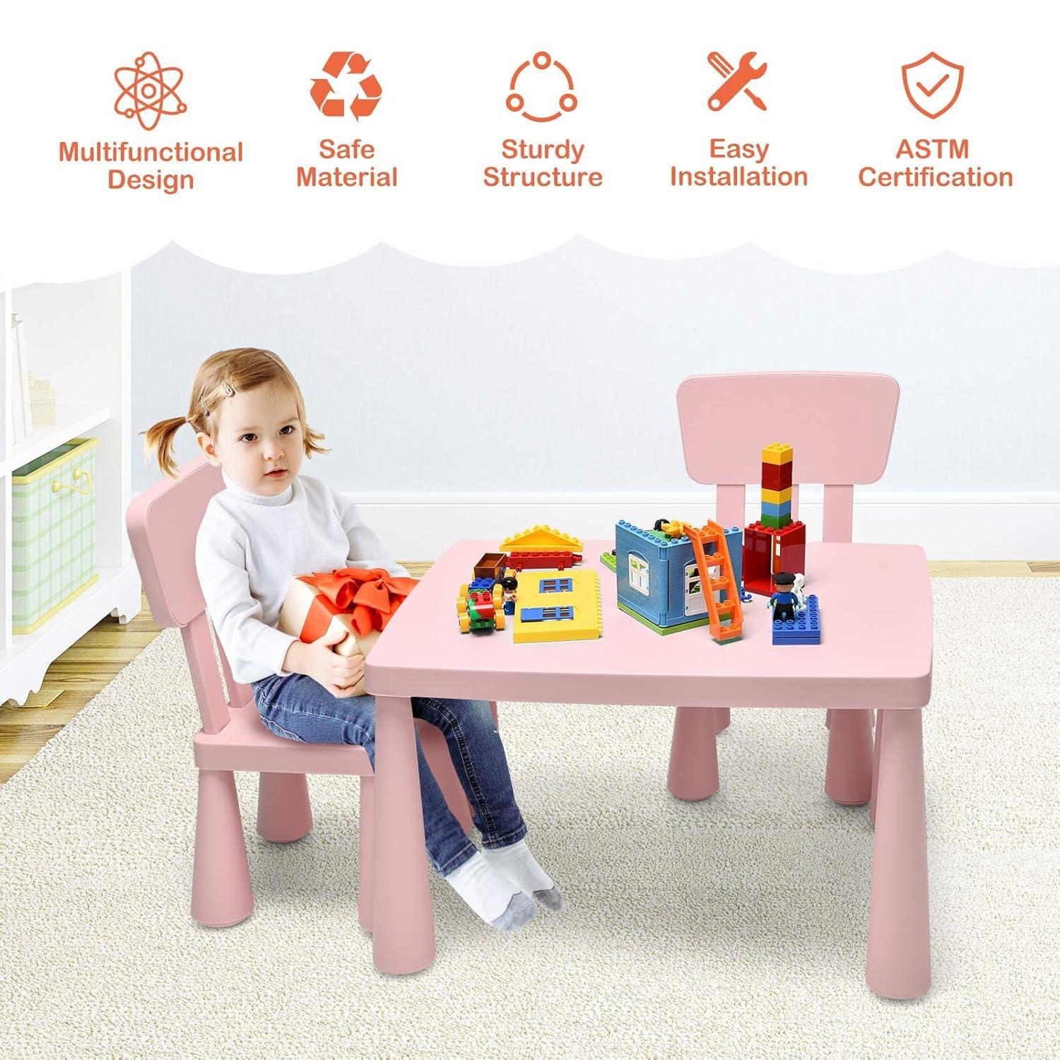 Kids Table and Chair Set 3-Piece Set Toddler Furniture Pink