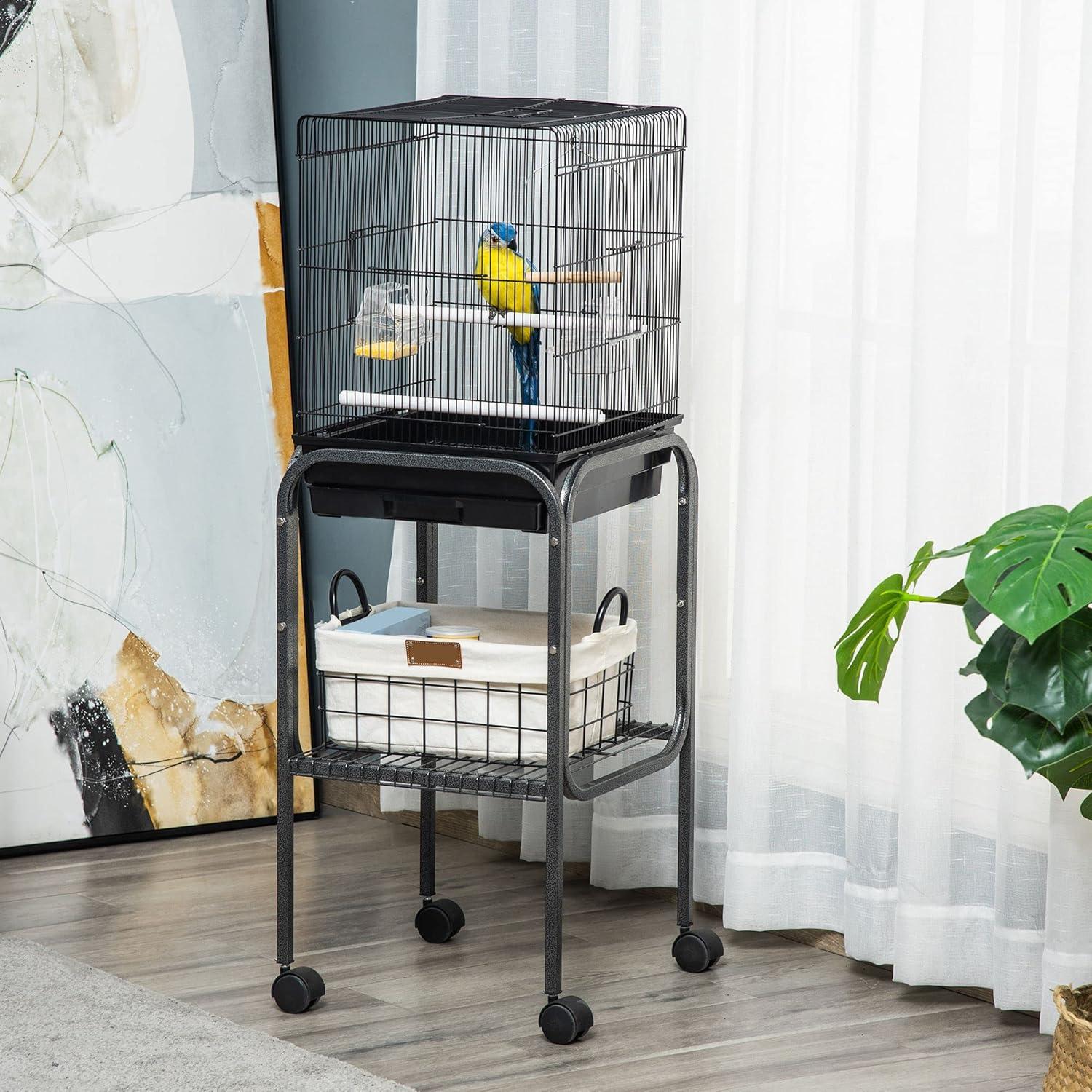 Black Metal Indoor Bird Cage with Rolling Stand and Storage Basket