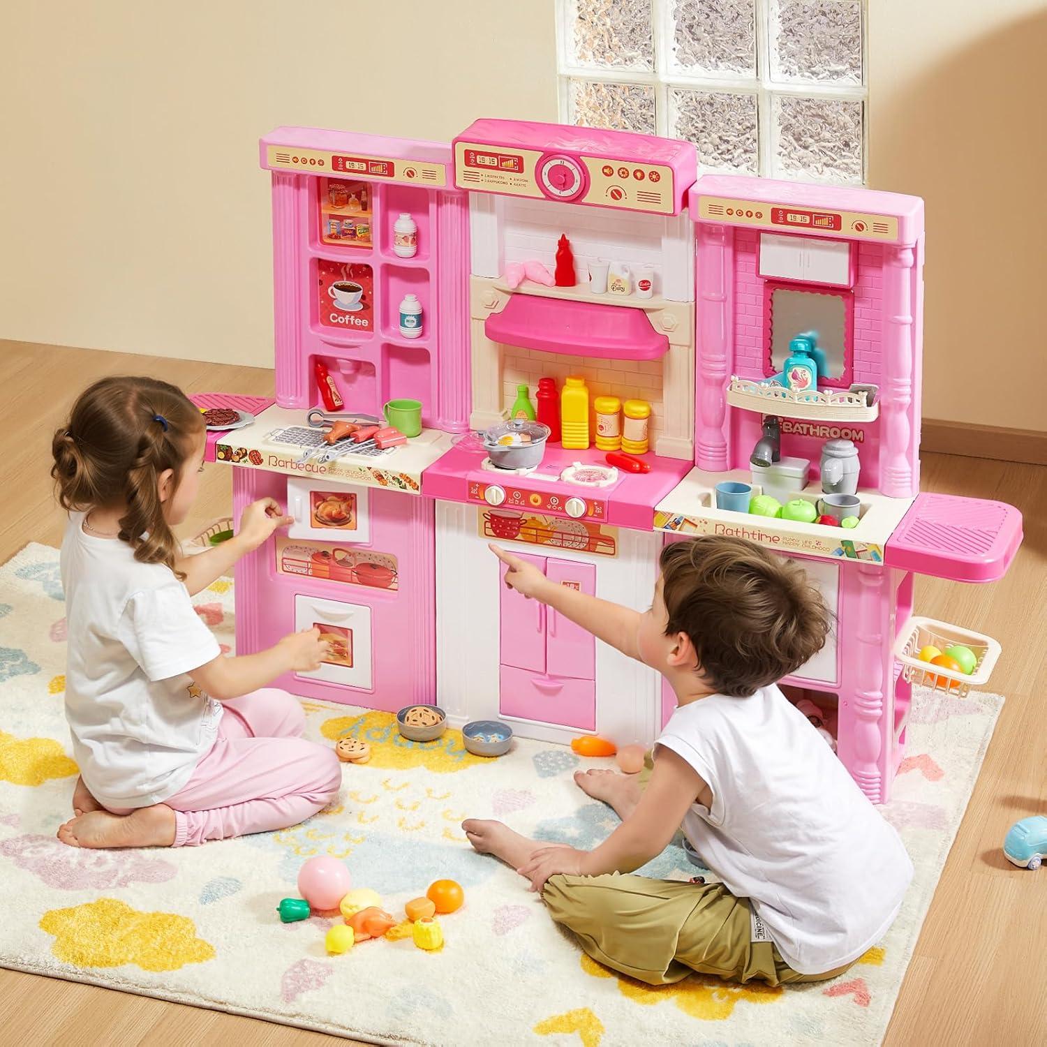 Pink 3-in-1 Kids Kitchen Playset with 74 Accessories