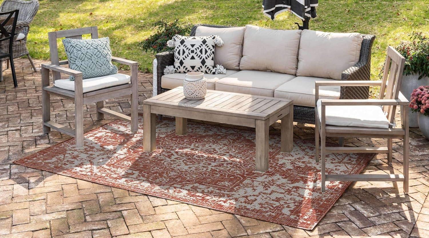 Rust Red and Ivory Rectangular Outdoor Area Rug