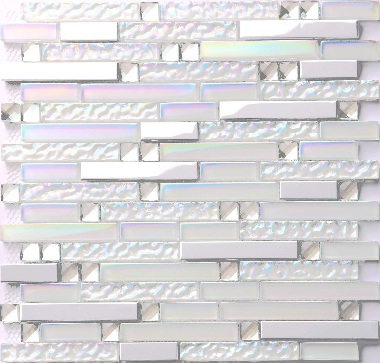 Iridescent White and Chrome Glass Metal Mosaic Tile