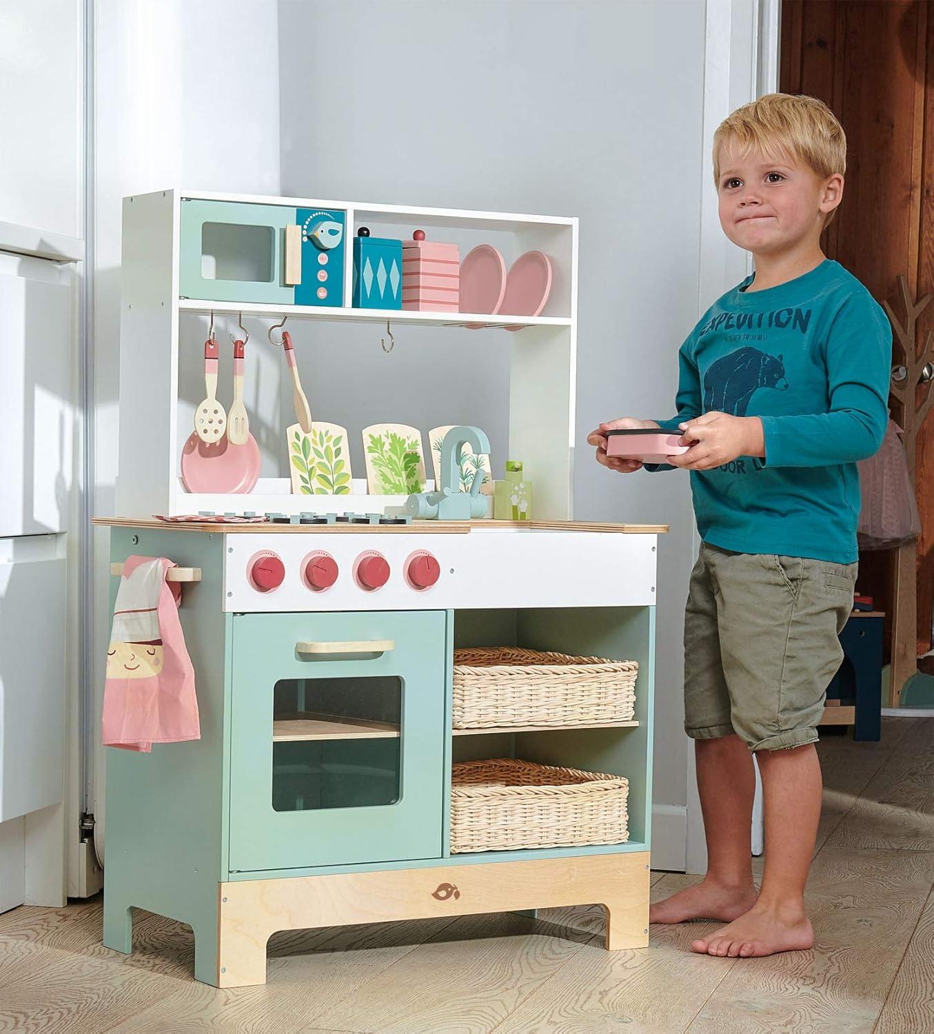 Pastel Wooden Play Kitchen Set with Wicker Baskets