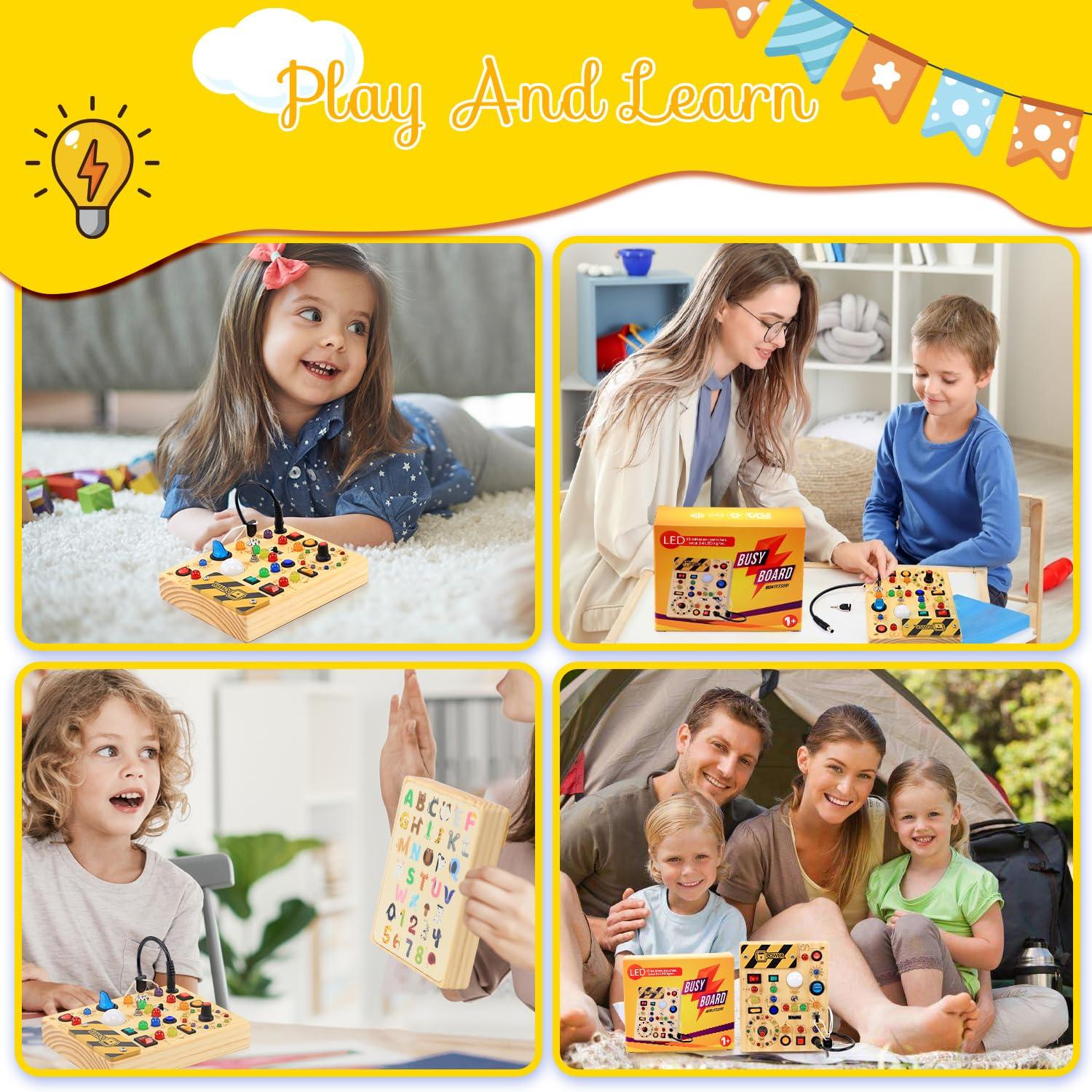 RichBoy Busy Board for 1-3 Year Old, LED Light Sensory Toys for Kids with Autism, Wooden Fine Motor Skills Montessori Toys, Toddlers Birthday Gift (Activity Sturdy, Well-Made)