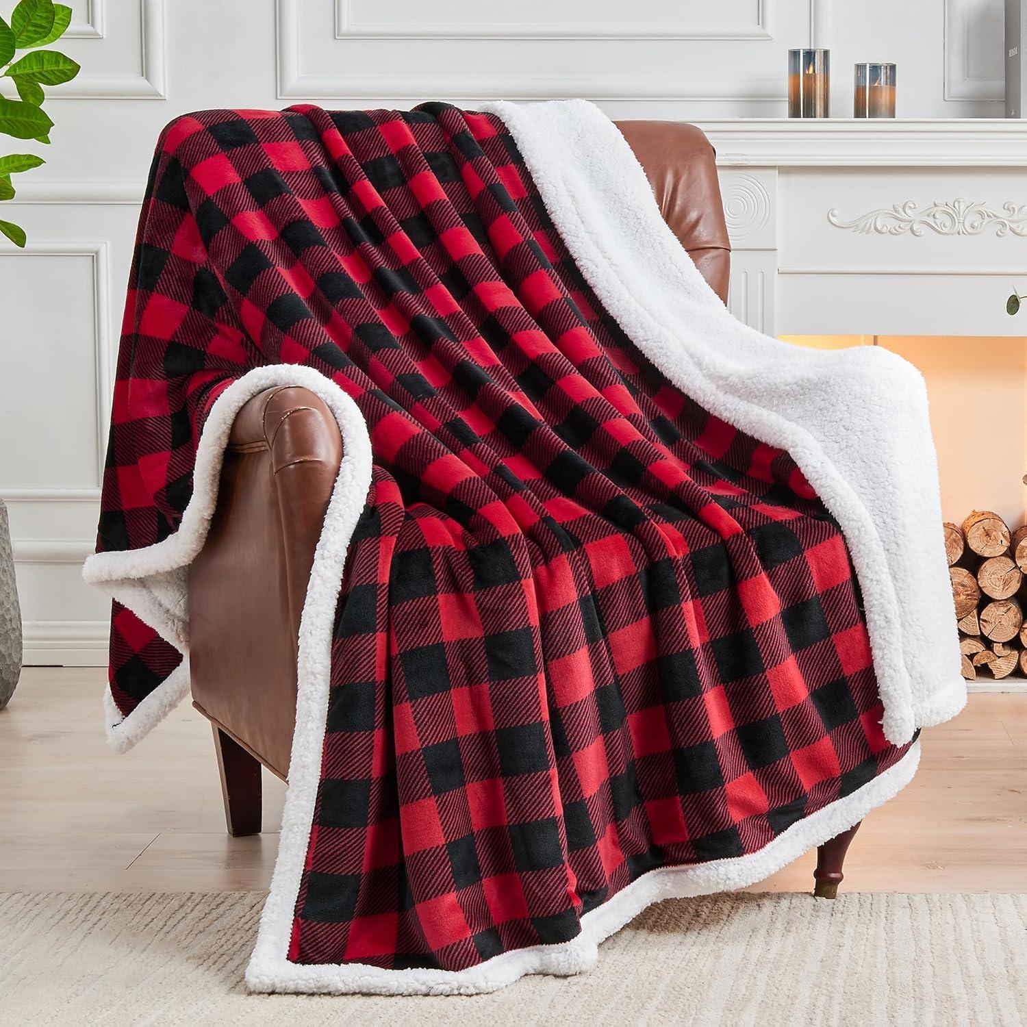 Fleece Throw Blanket for Couch Sofa Bed, Buffalo Plaid Decor Red and Black Checkered Blanket, Cozy Fuzzy Soft Lightweight Warm Blankets for Winter and Spring