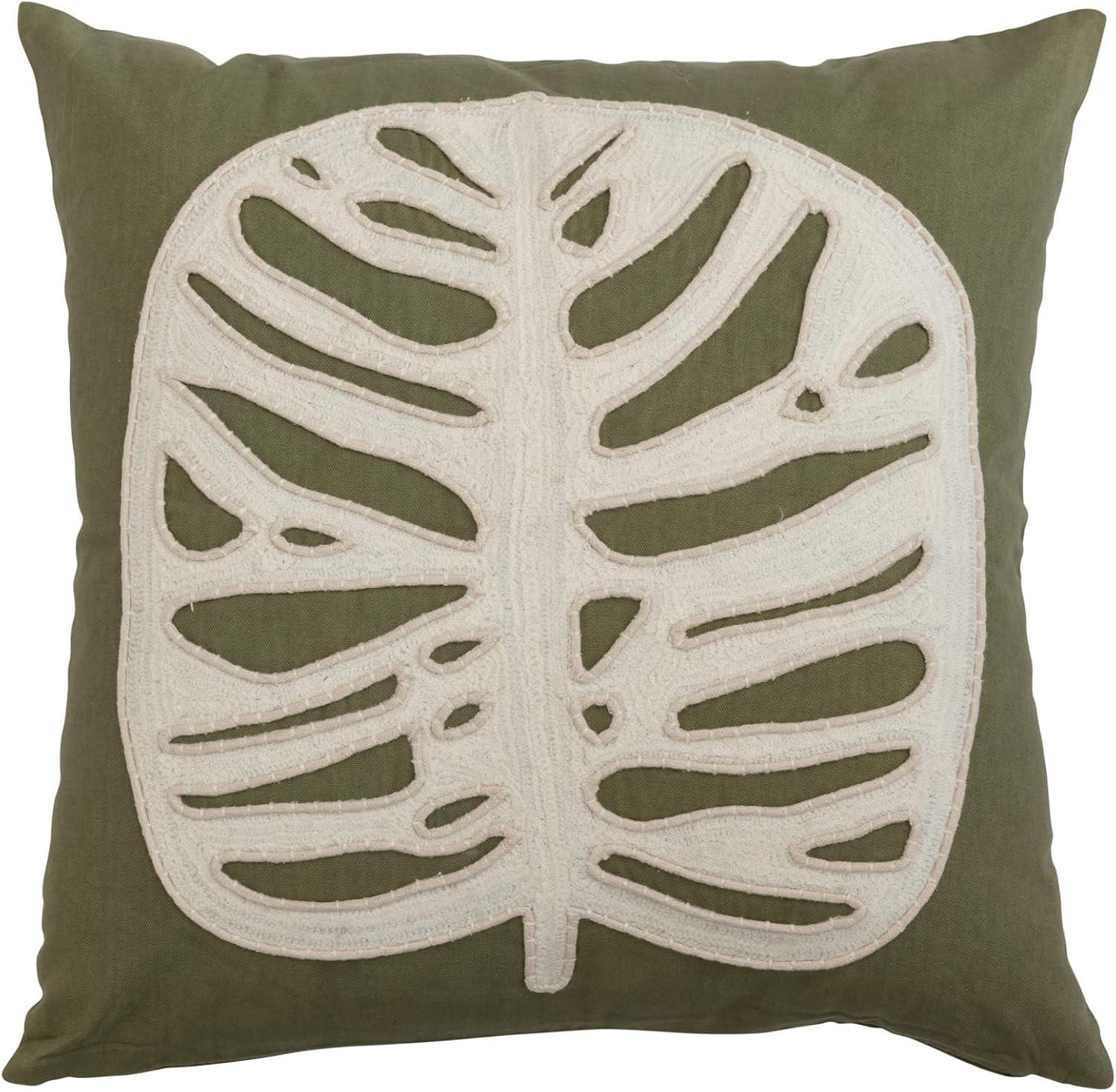 Green and Cream Cotton Embroidered Leaf Pillow Cover, 20" x 20"