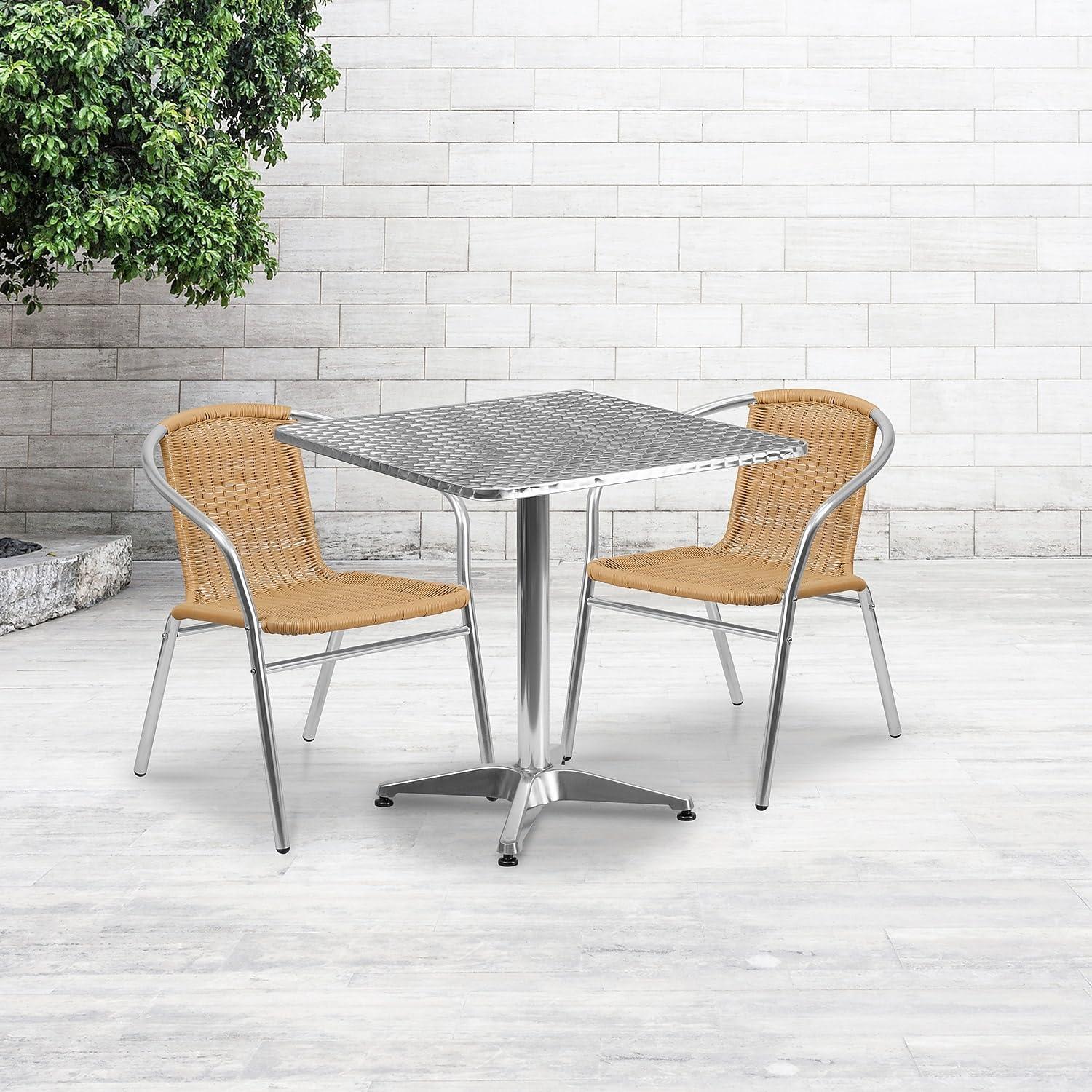 Flash Furniture Lila 27.5'' Square Aluminum Indoor-Outdoor Table Set with 2 Beige Rattan Chairs