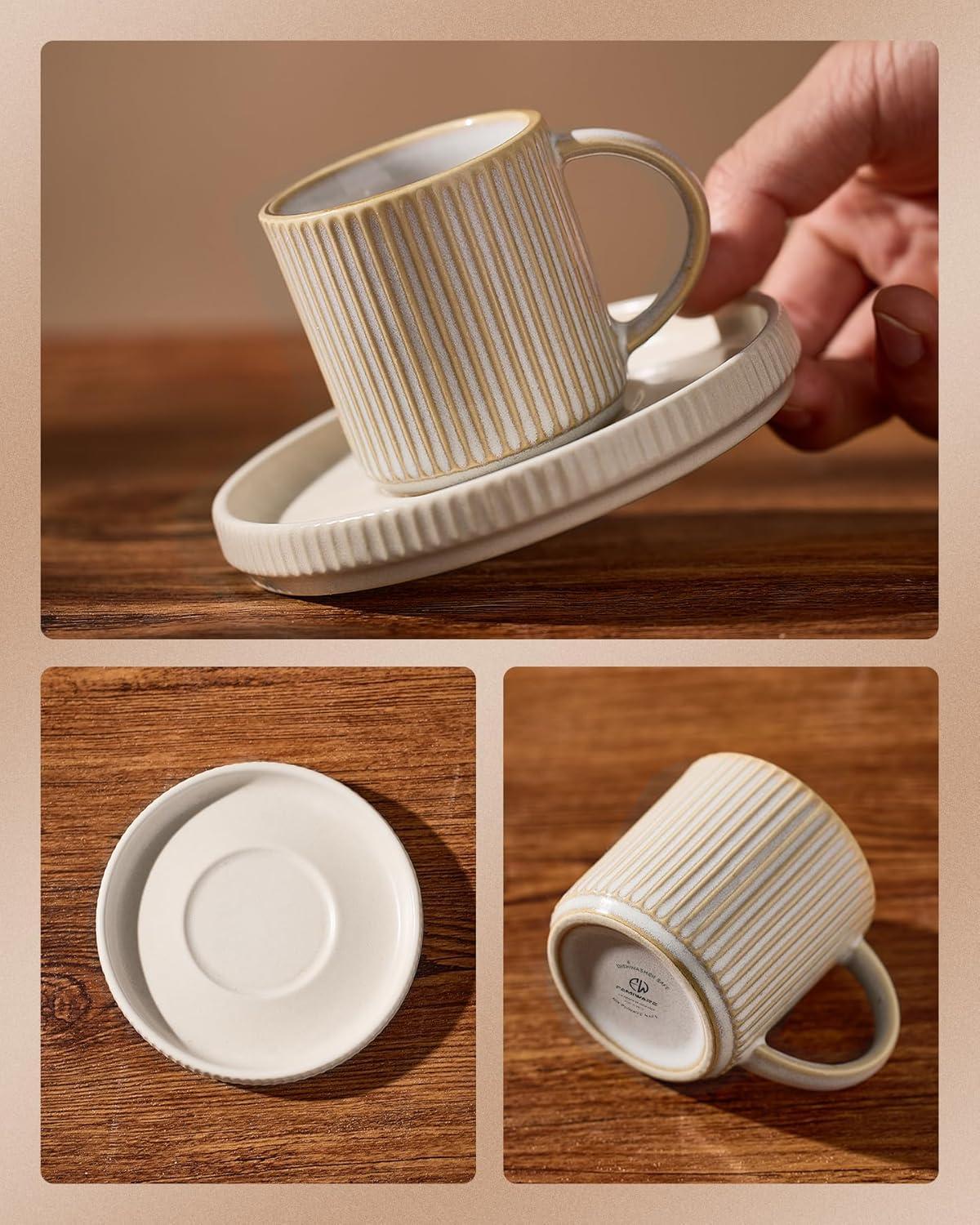 shuoli Star Espresso Cups And Saucers Set Of 4, [ Mini ] 3 Oz Ceramic Small Coffee Mug With Handle, Ribbed Stoneware Demitasse Cup For Tea, Latte - Microwave & Dishwasher Safe - Cappuccino White