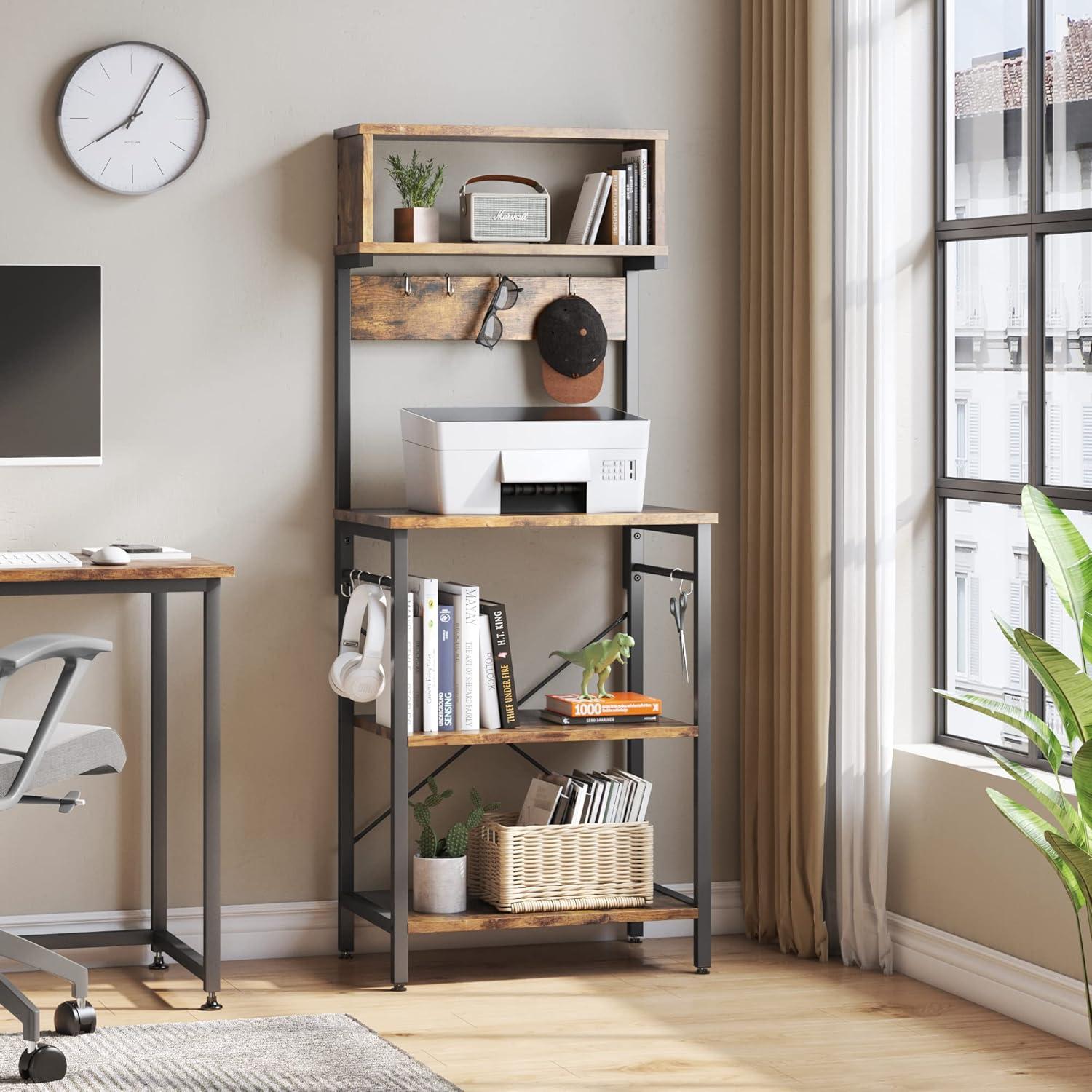 Bestier Kitchen Baker's Rack Microwave Oven Stand Kitchen Shelf with Hutch 8 Side Hooks Coffee Station Utility Storage Shelf for Kitchen Dining Room Living Room